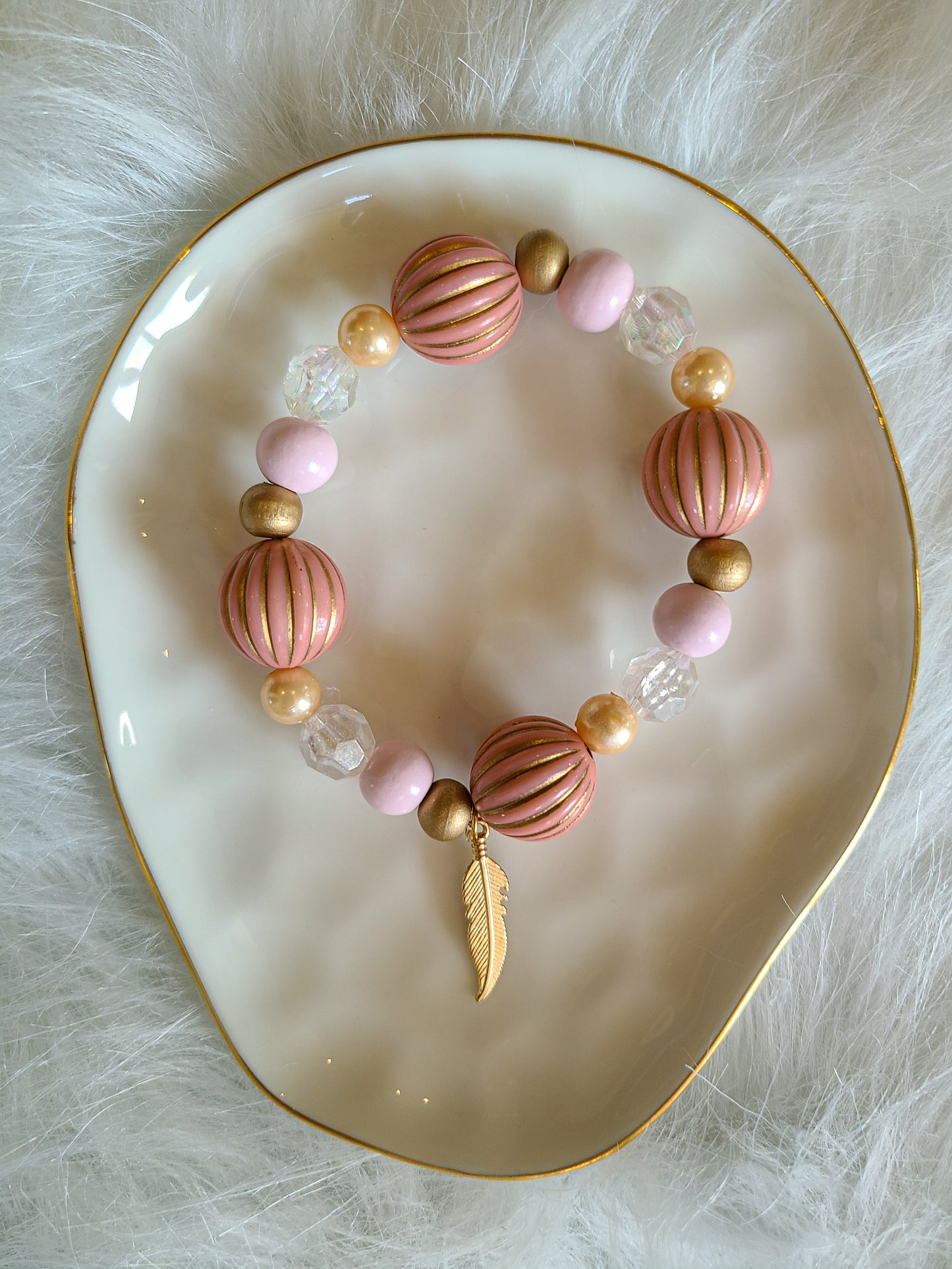 Leaf & Feather Pink Beaded Mom Bracelet Gift Set