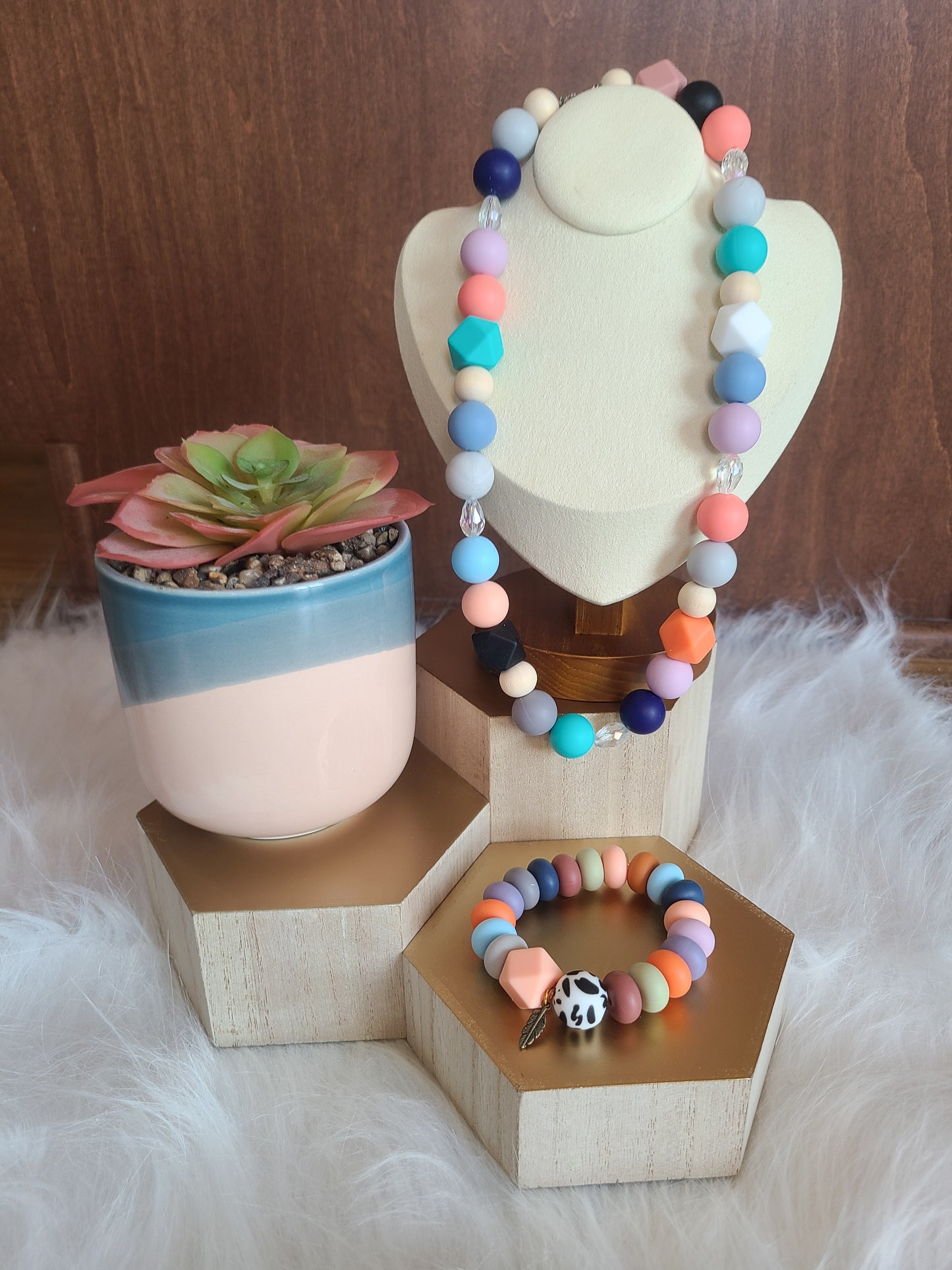 Mixed Media Multicolor Silicone Bead Bracelet and Necklace Set