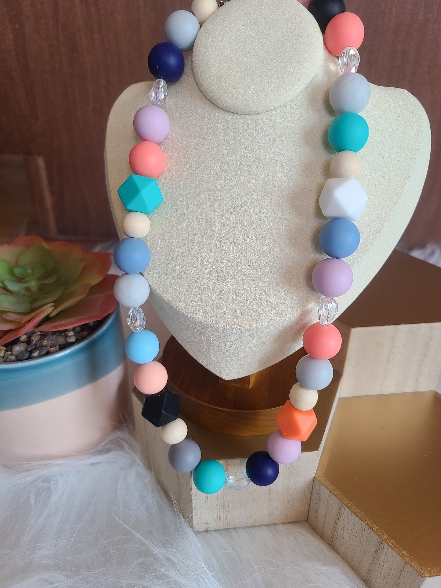Mixed Media Multicolor Silicone Bead Bracelet and Necklace Set