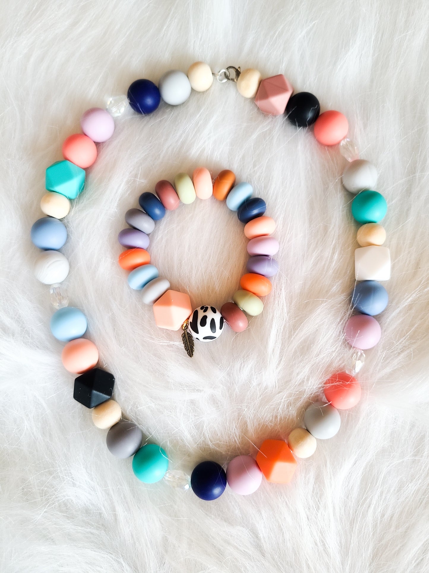 Mixed Media Multicolor Silicone Bead Bracelet and Necklace Set
