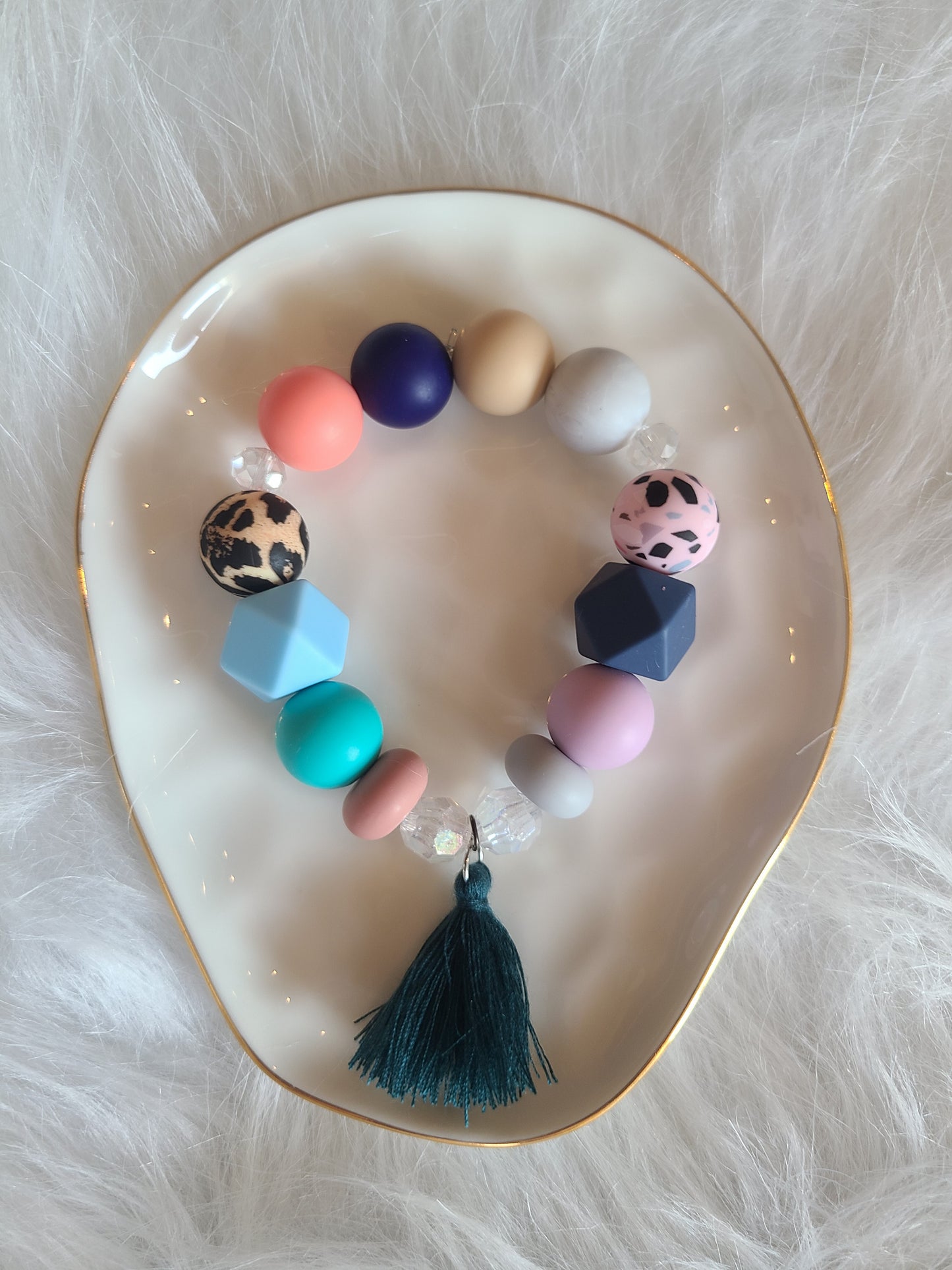 Animal Print Silicone Bead Tassel Bracelet and Necklace Set