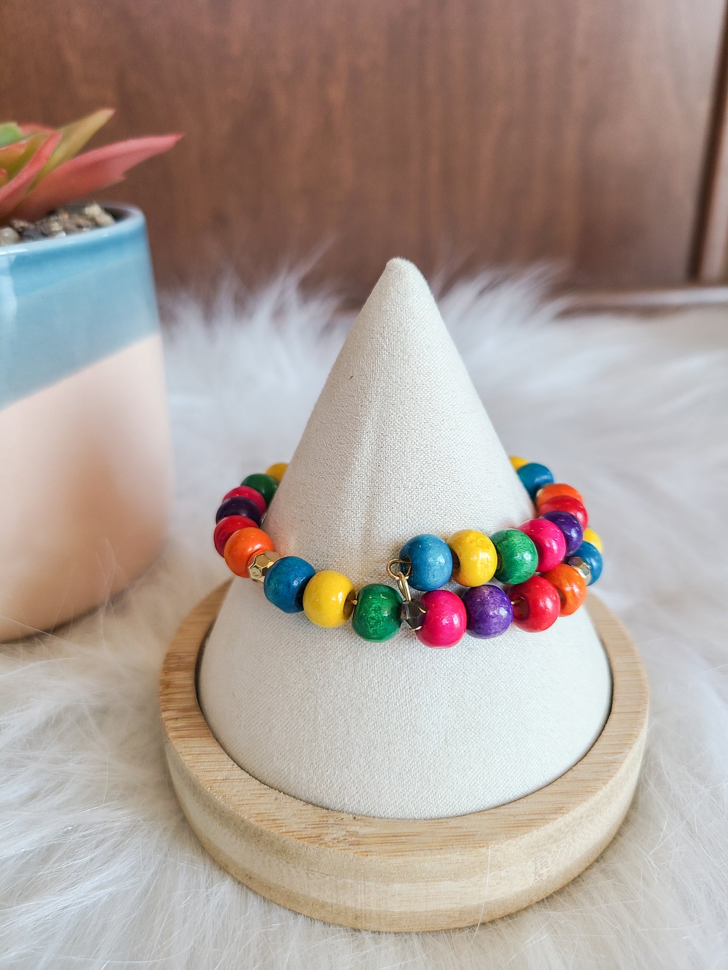 Rainbow Wood Bead Memory Wire Layered Bracelet