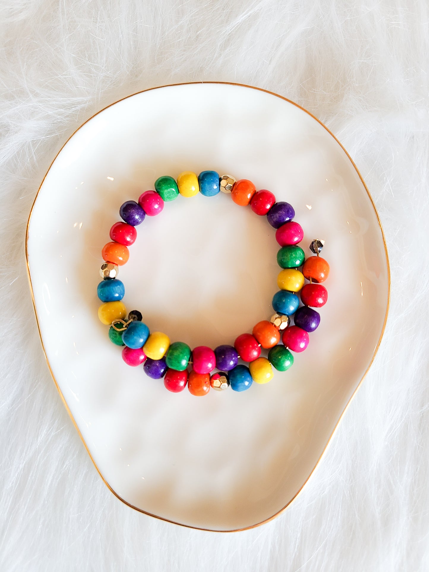 Rainbow Wood Bead Memory Wire Layered Bracelet