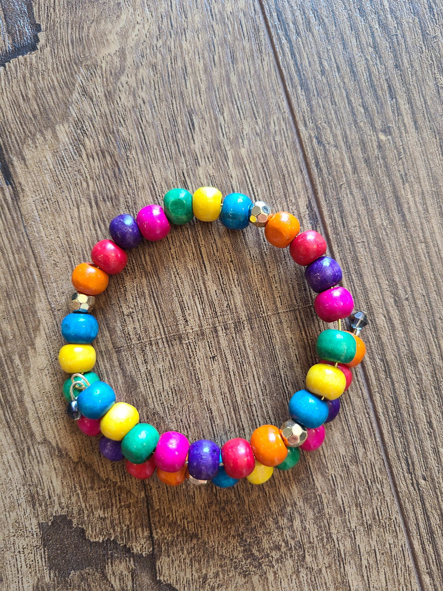 Rainbow Wood Bead Memory Wire Layered Bracelet