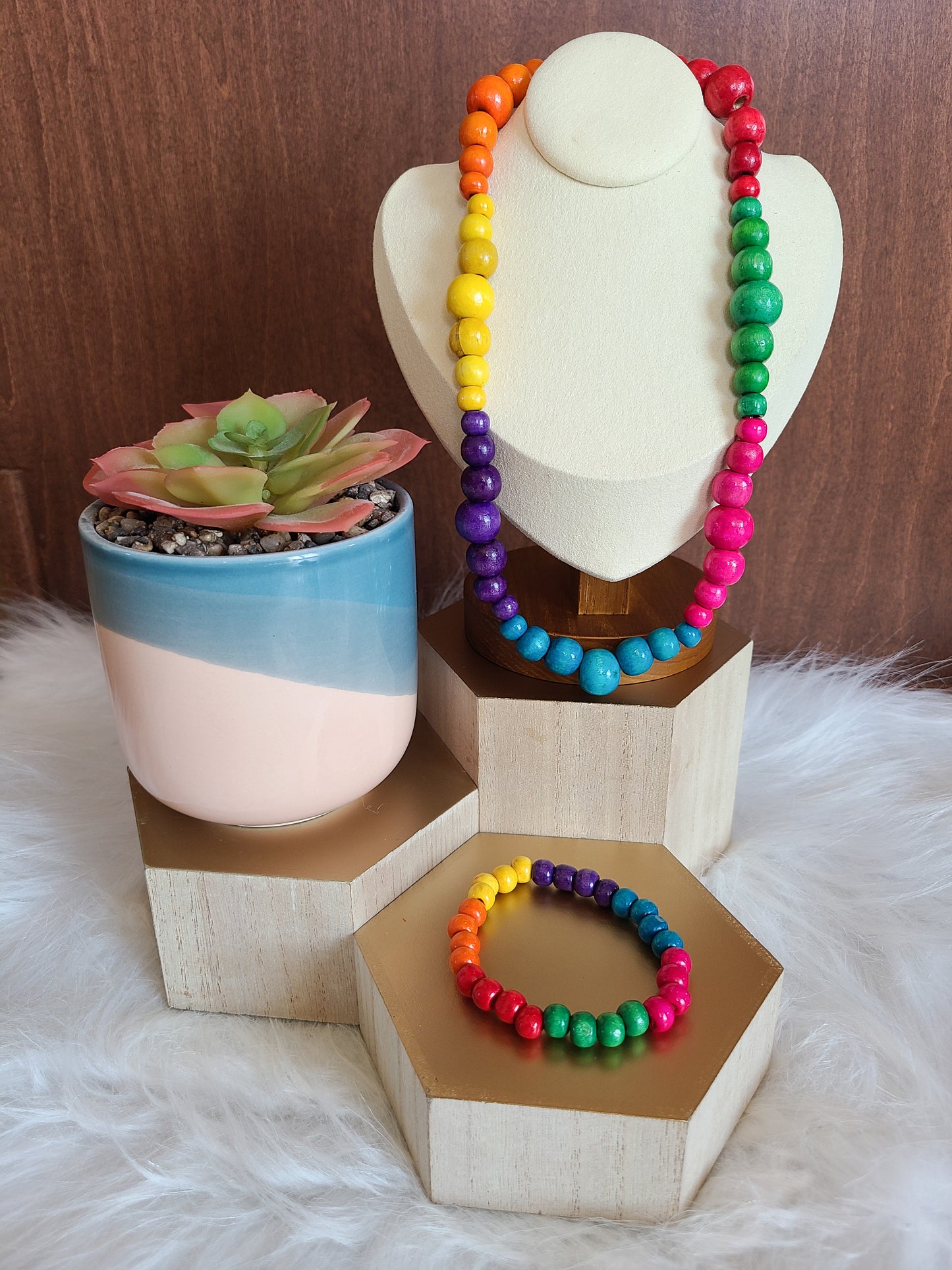 Rainbow Harmony Wood Bead Bracelet and Necklace Set