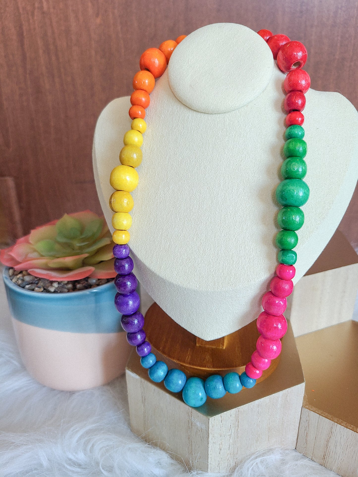 Rainbow Harmony Wood Bead Bracelet and Necklace Set
