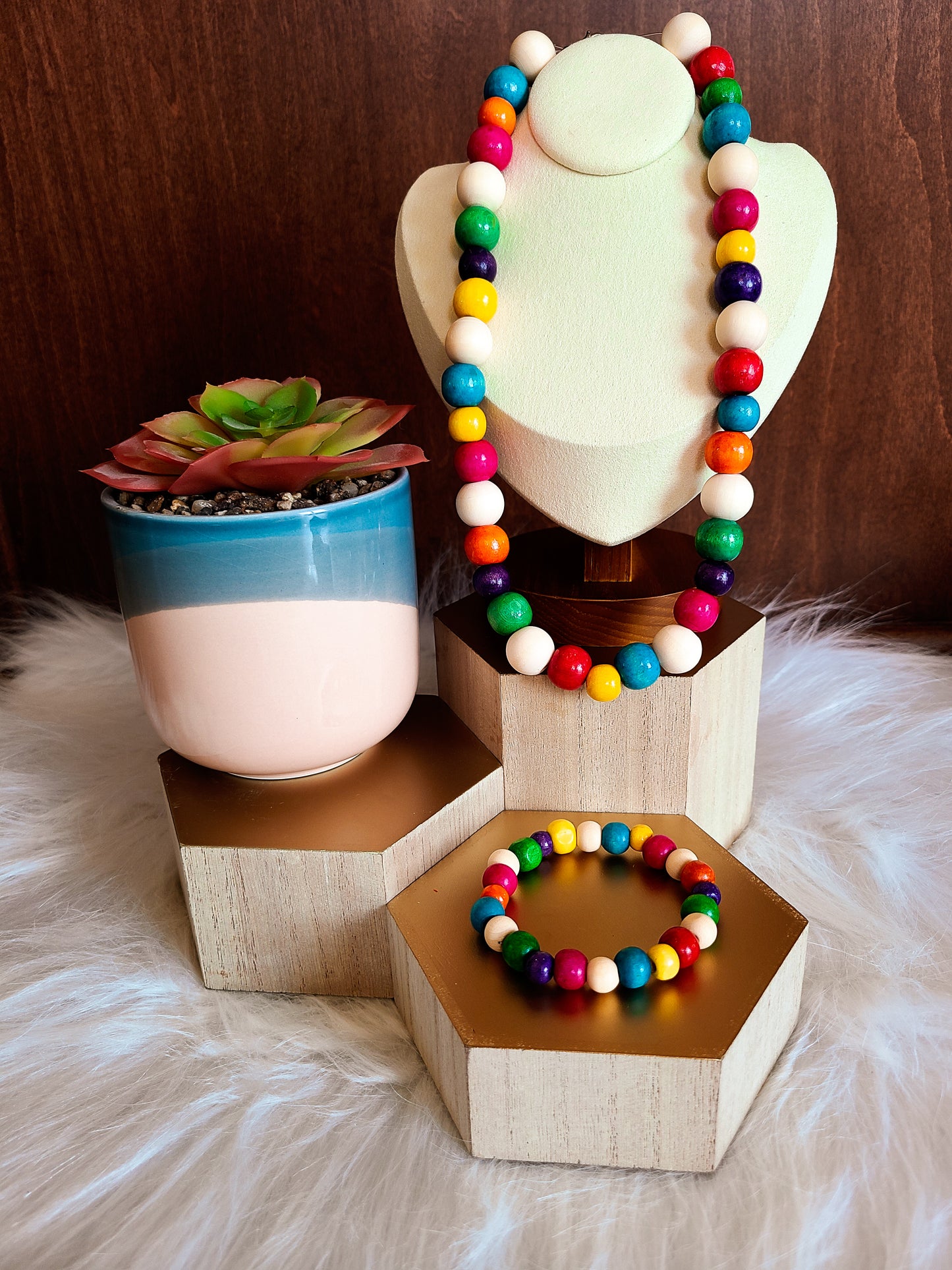 Raw Wood and Colorful Bead Bracelet and Necklace Set