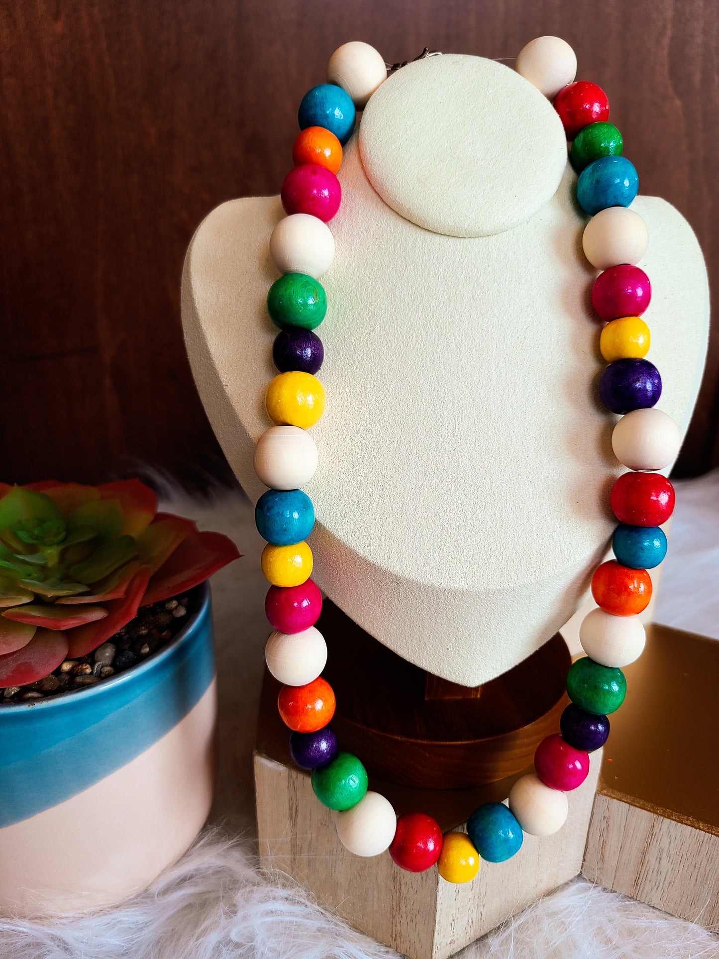 Raw Wood and Colorful Bead Bracelet and Necklace Set