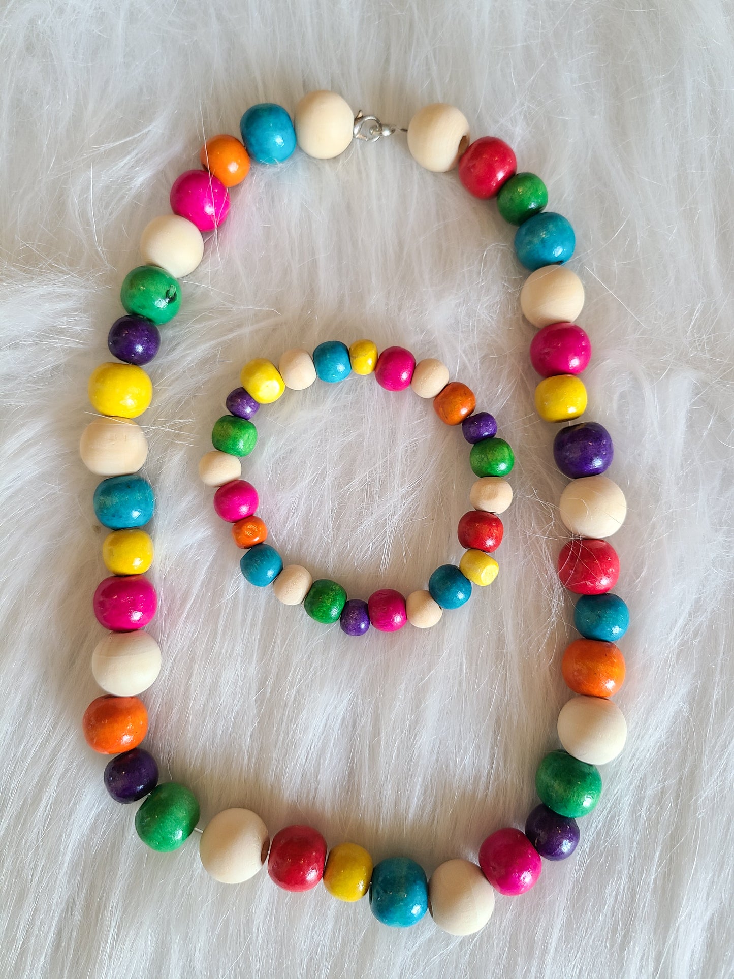 Raw Wood and Colorful Bead Bracelet and Necklace Set