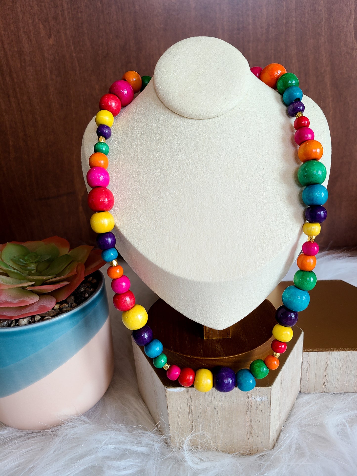 Rainbow Wood Bead Tassel Bracelet and Necklace Set
