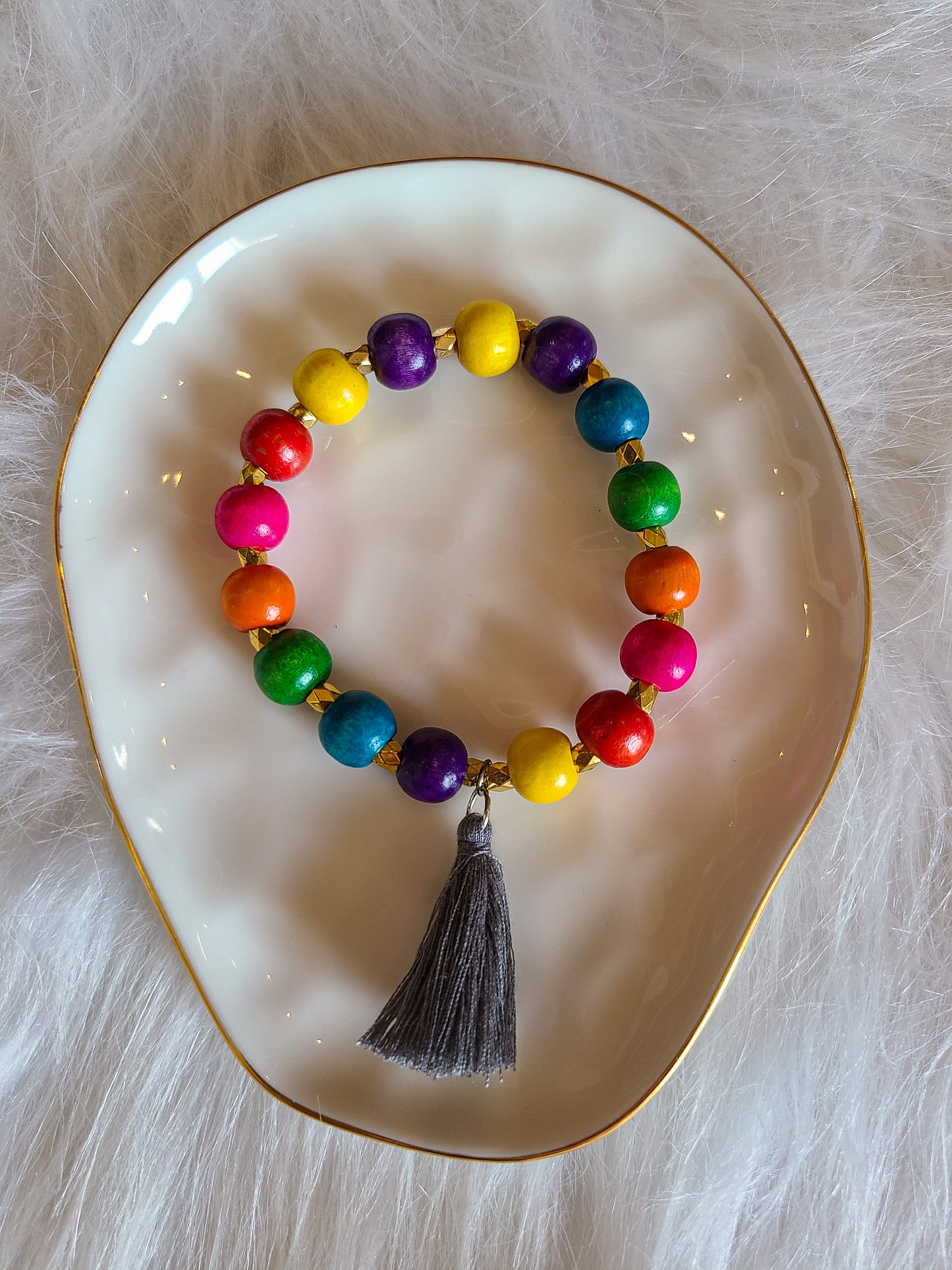 Rainbow Wood Bead Tassel Bracelet and Necklace Set