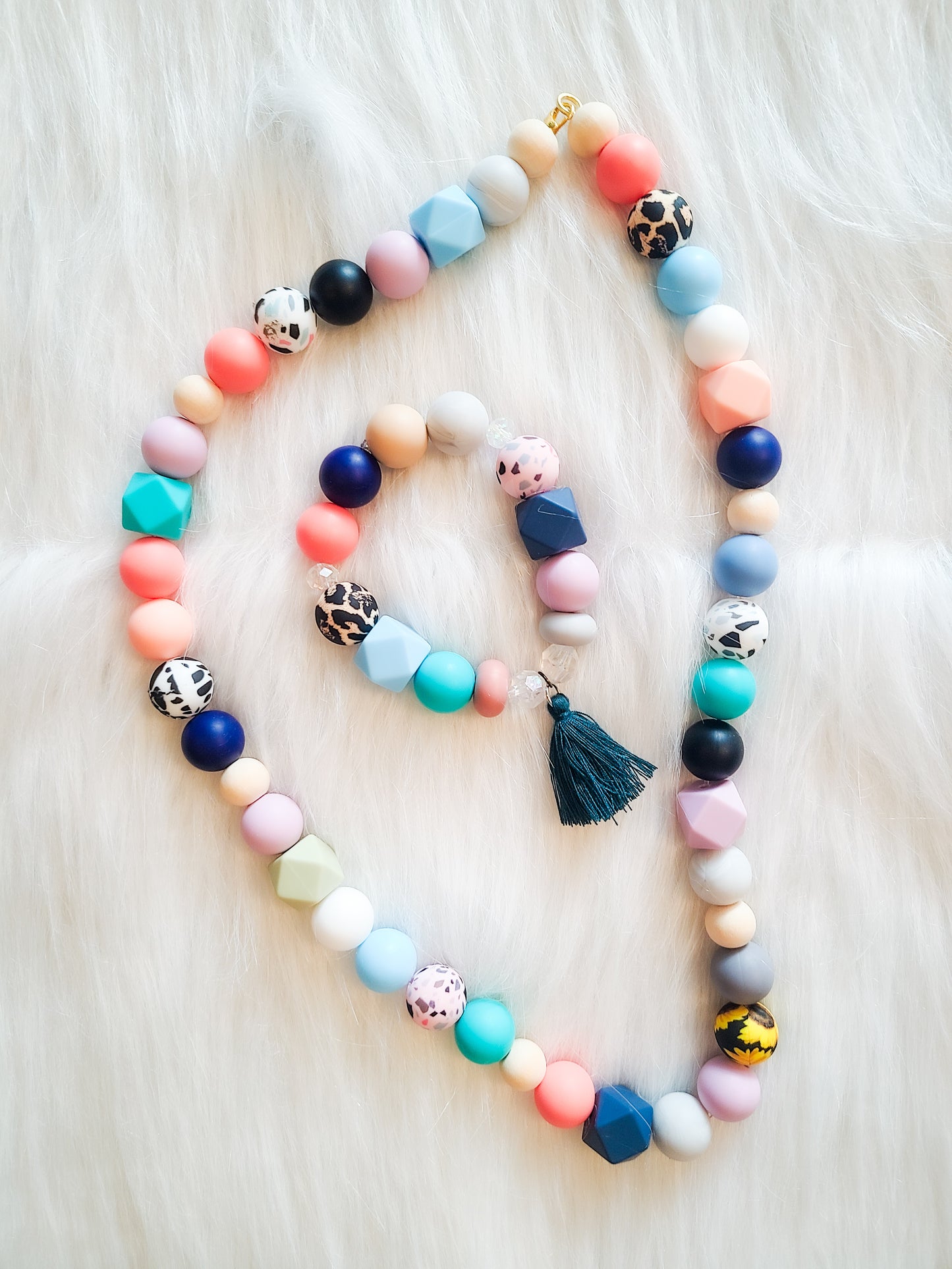 Animal Print Silicone Bead Tassel Bracelet and Necklace Set