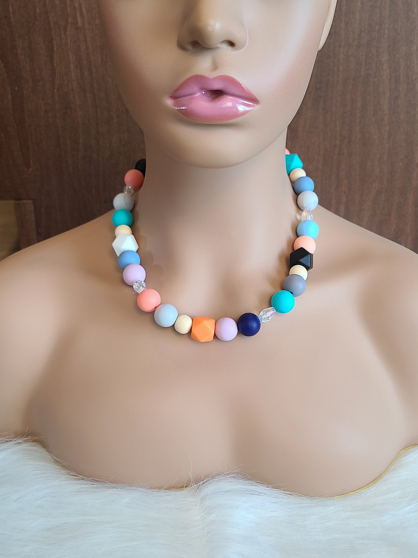 Mixed Media Multicolor Silicone Bead Bracelet and Necklace Set