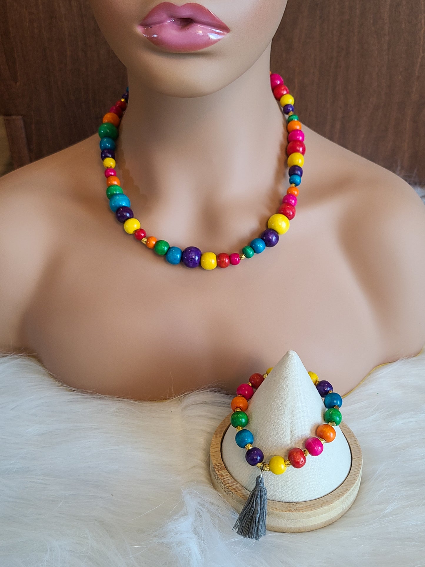 Rainbow Wood Bead Tassel Bracelet and Necklace Set