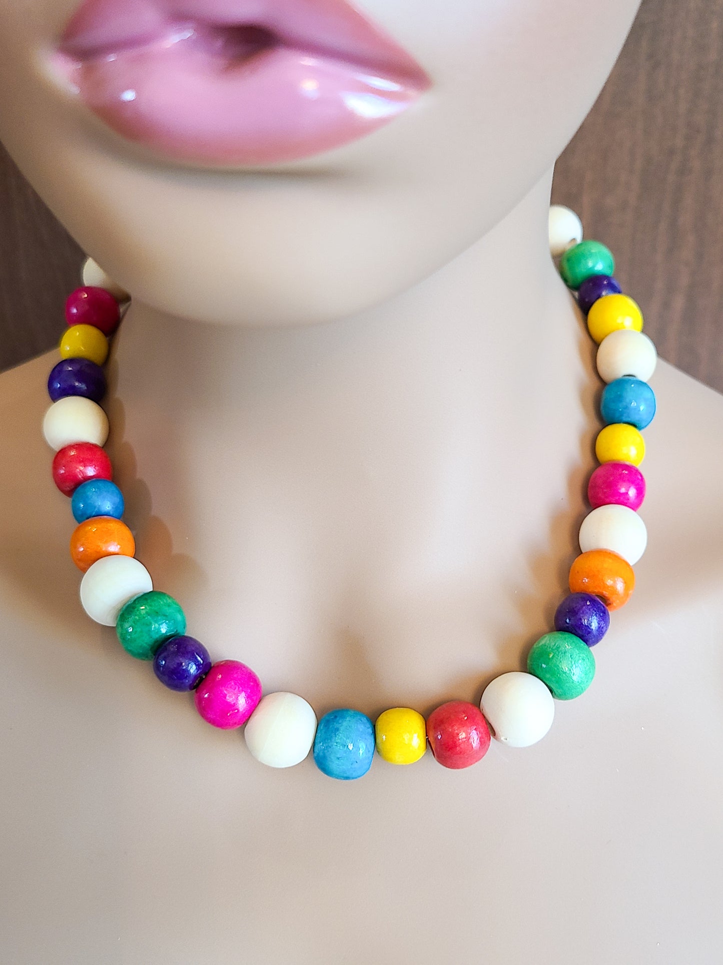 Raw Wood and Colorful Bead Bracelet and Necklace Set