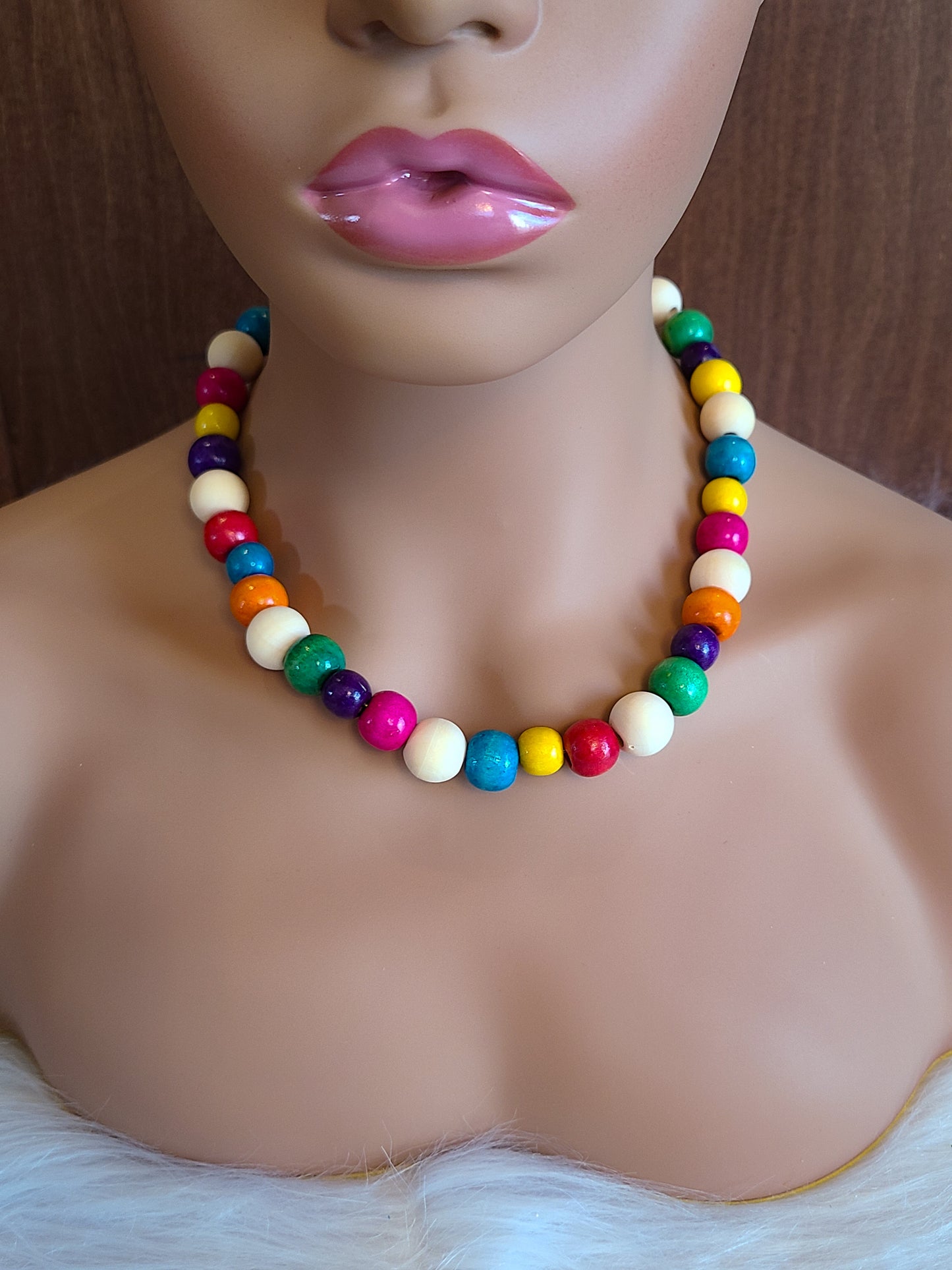 Raw Wood and Colorful Bead Bracelet and Necklace Set
