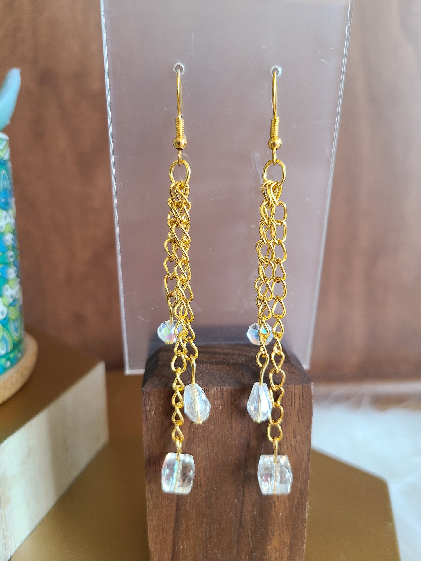 Long Dangle Crystal Gold Chain Earrings