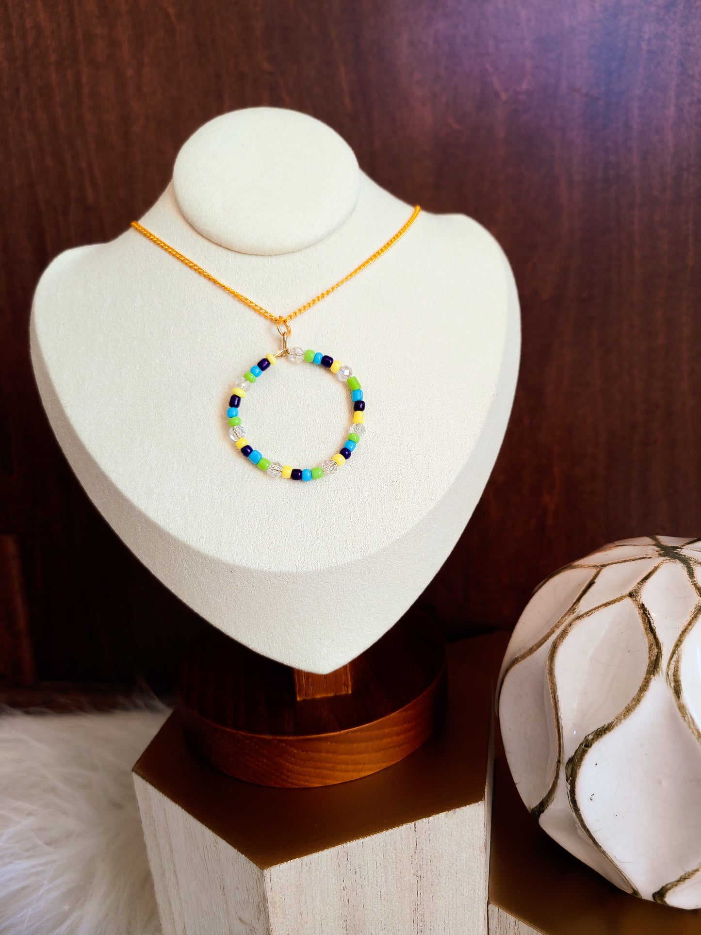 Circle Seed Bead Gold Pendant Necklace
