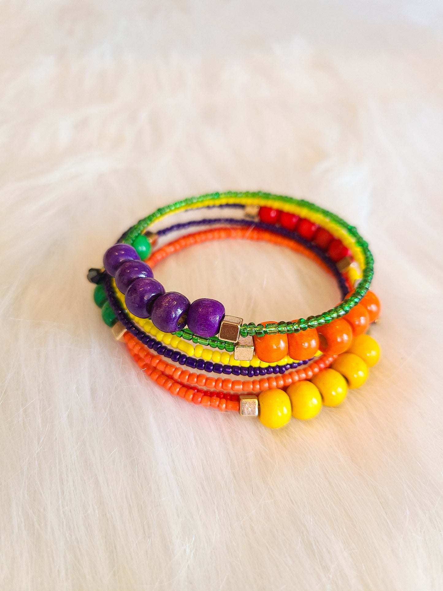 Layered Wood and Seed Bead Memory Wire Bracelet