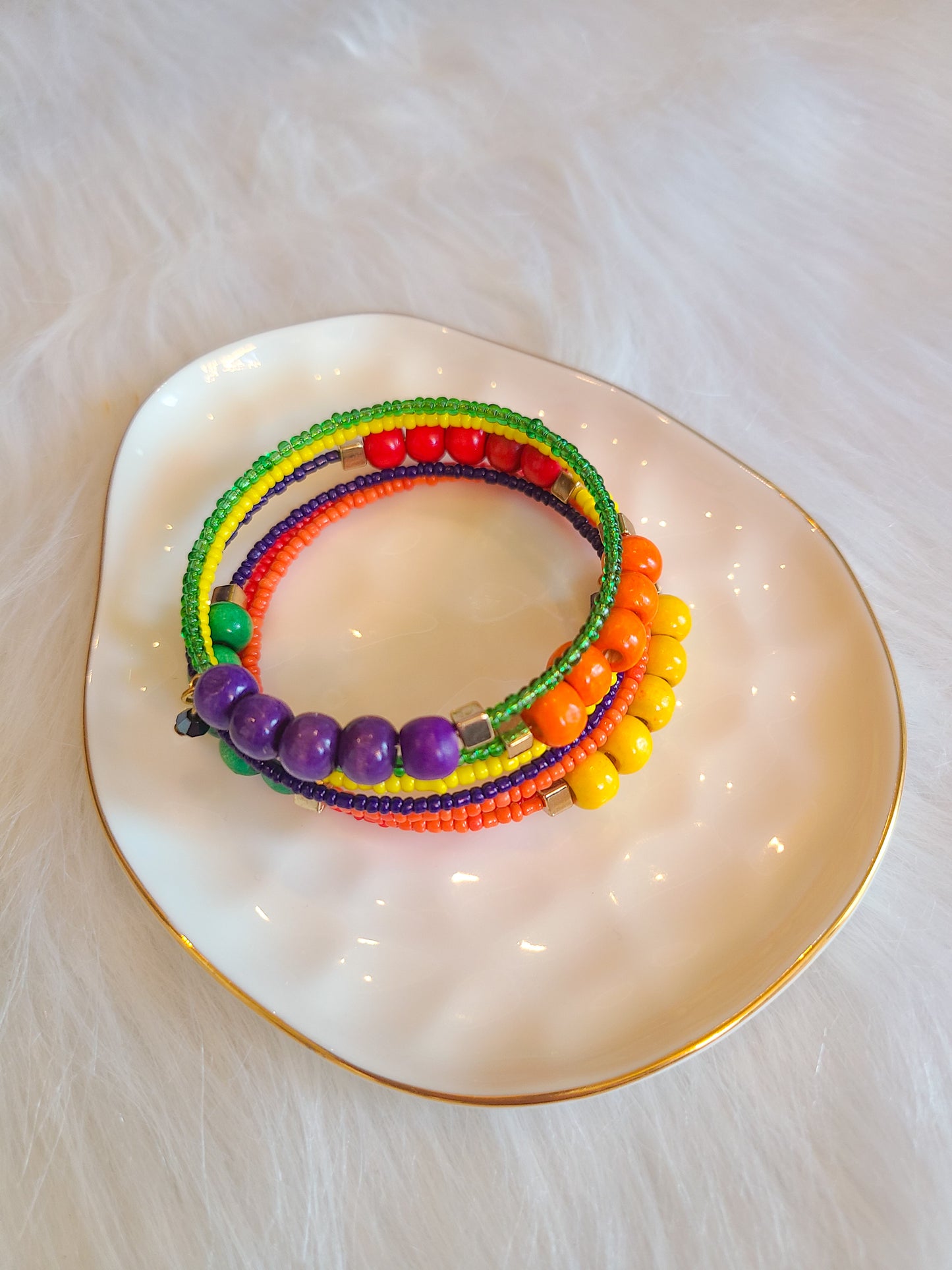 Layered Wood and Seed Bead Memory Wire Bracelet