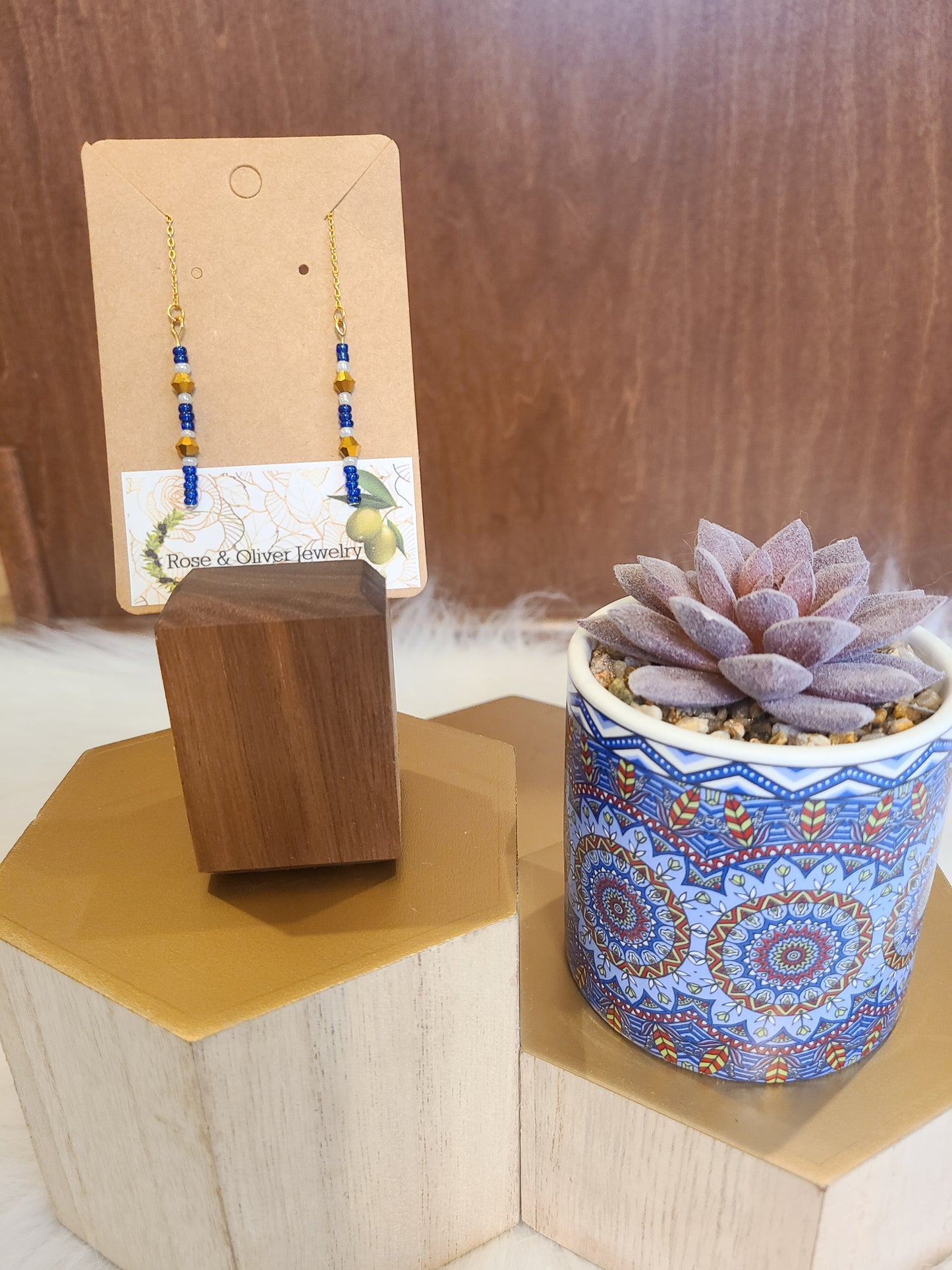 Blue Beaded Gold Bar Threader Earrings