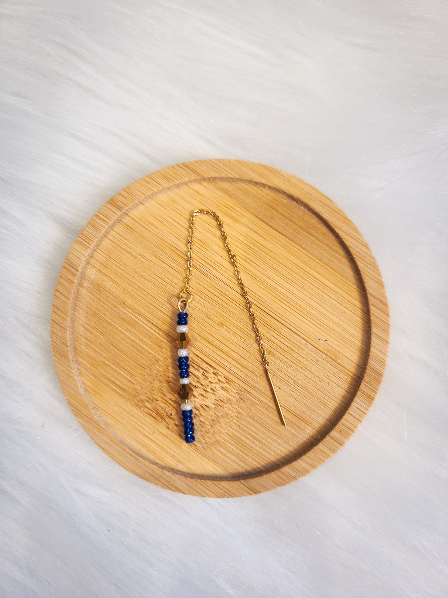 Blue Beaded Gold Bar Threader Earrings