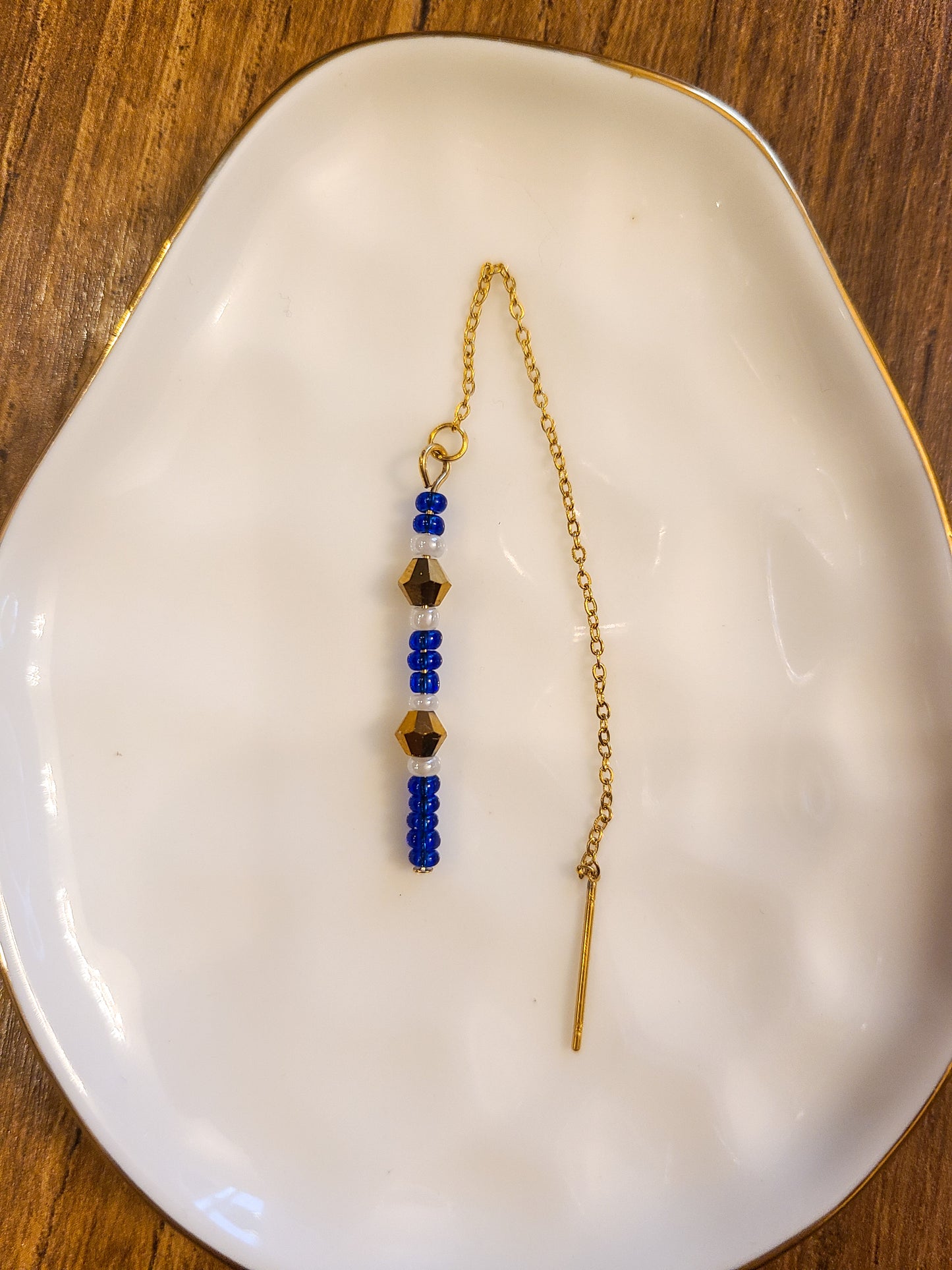 Blue Beaded Gold Bar Threader Earrings