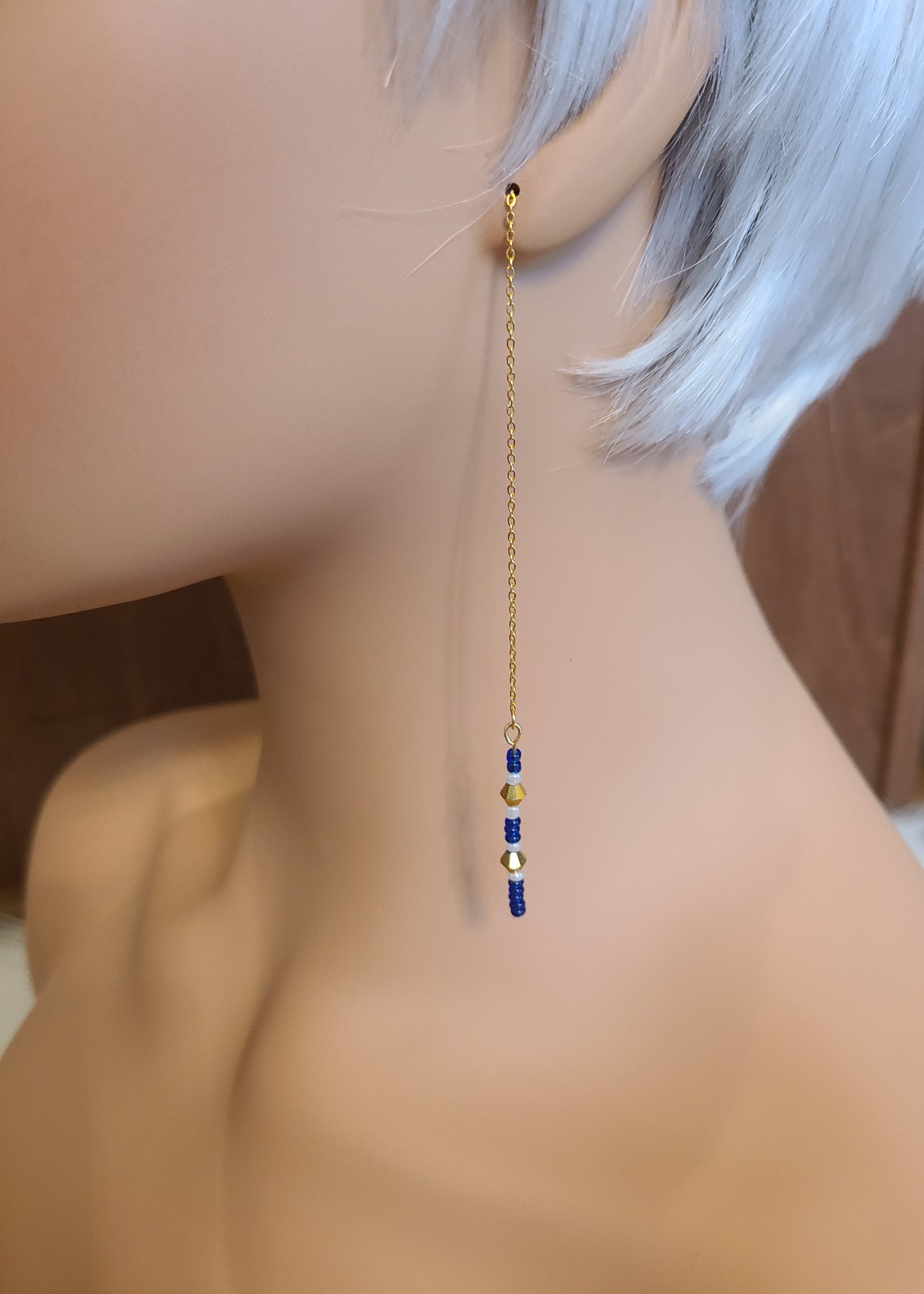 Blue Beaded Gold Bar Threader Earrings