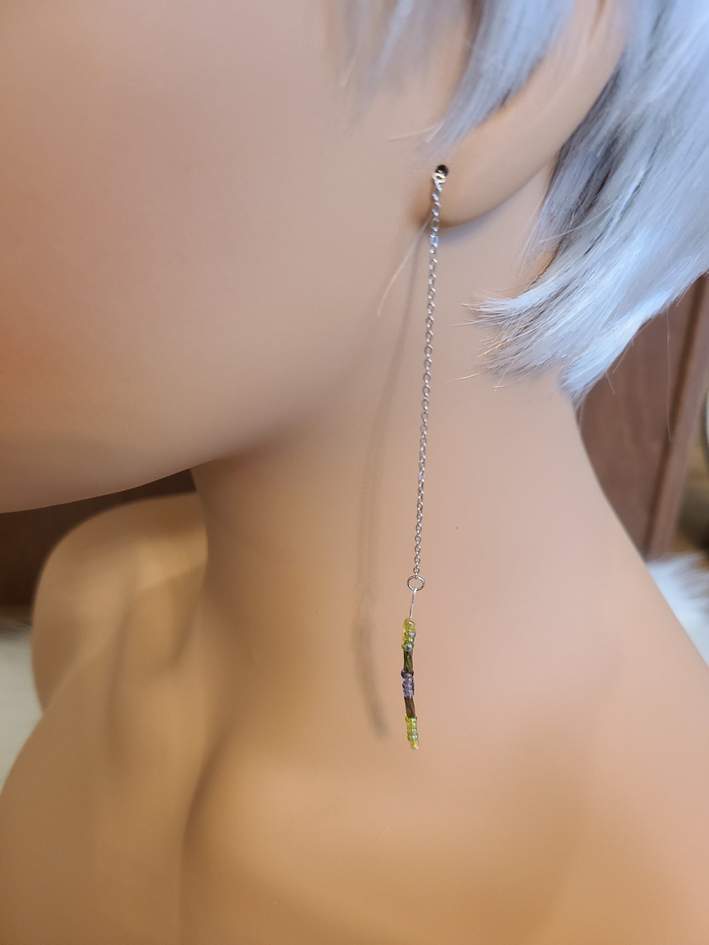 Purple Beaded Silver Bar Threader Earrings