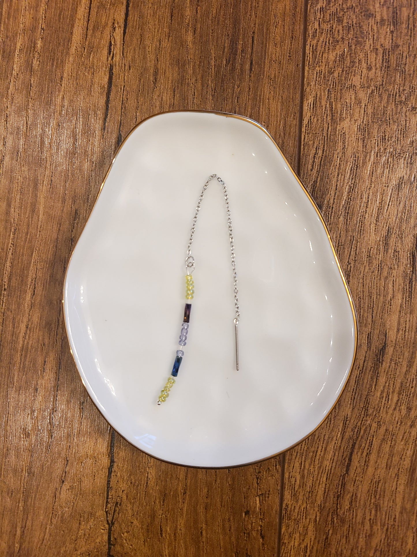 Purple Beaded Silver Bar Threader Earrings