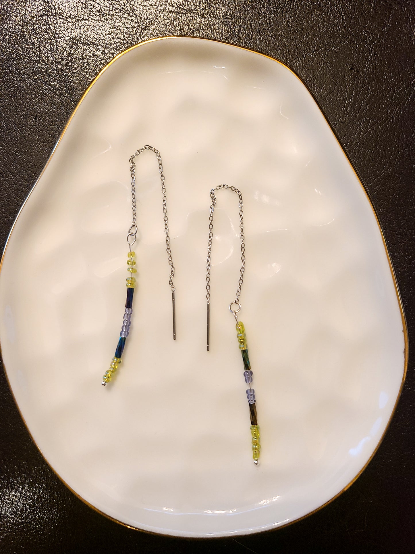 Purple Beaded Silver Bar Threader Earrings