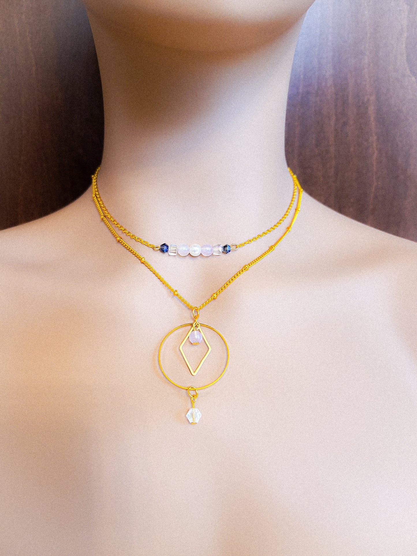 Geometric Beaded Pendant Gold Necklace Set