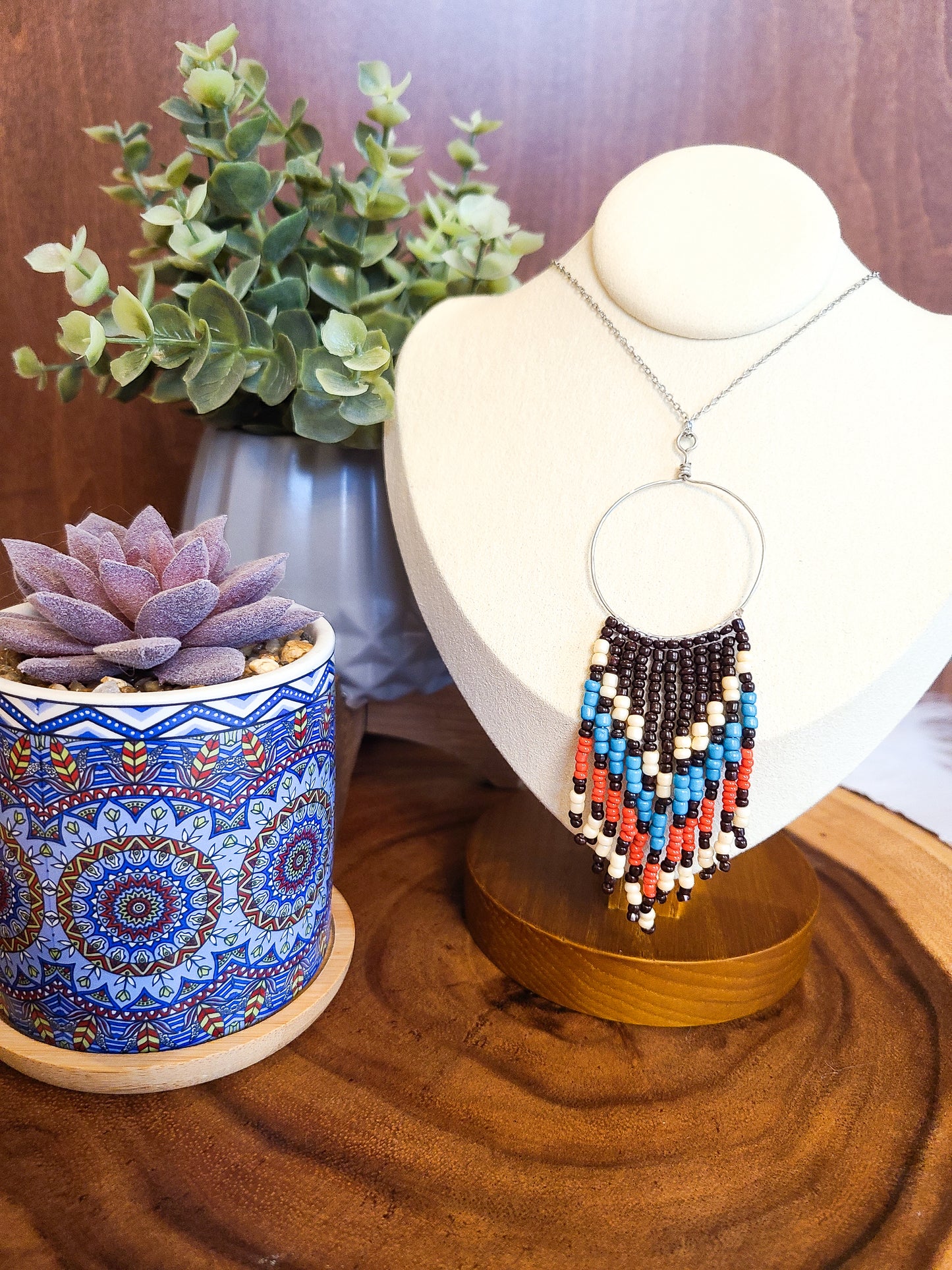 Beaded Fringe Silver Pendant Necklace