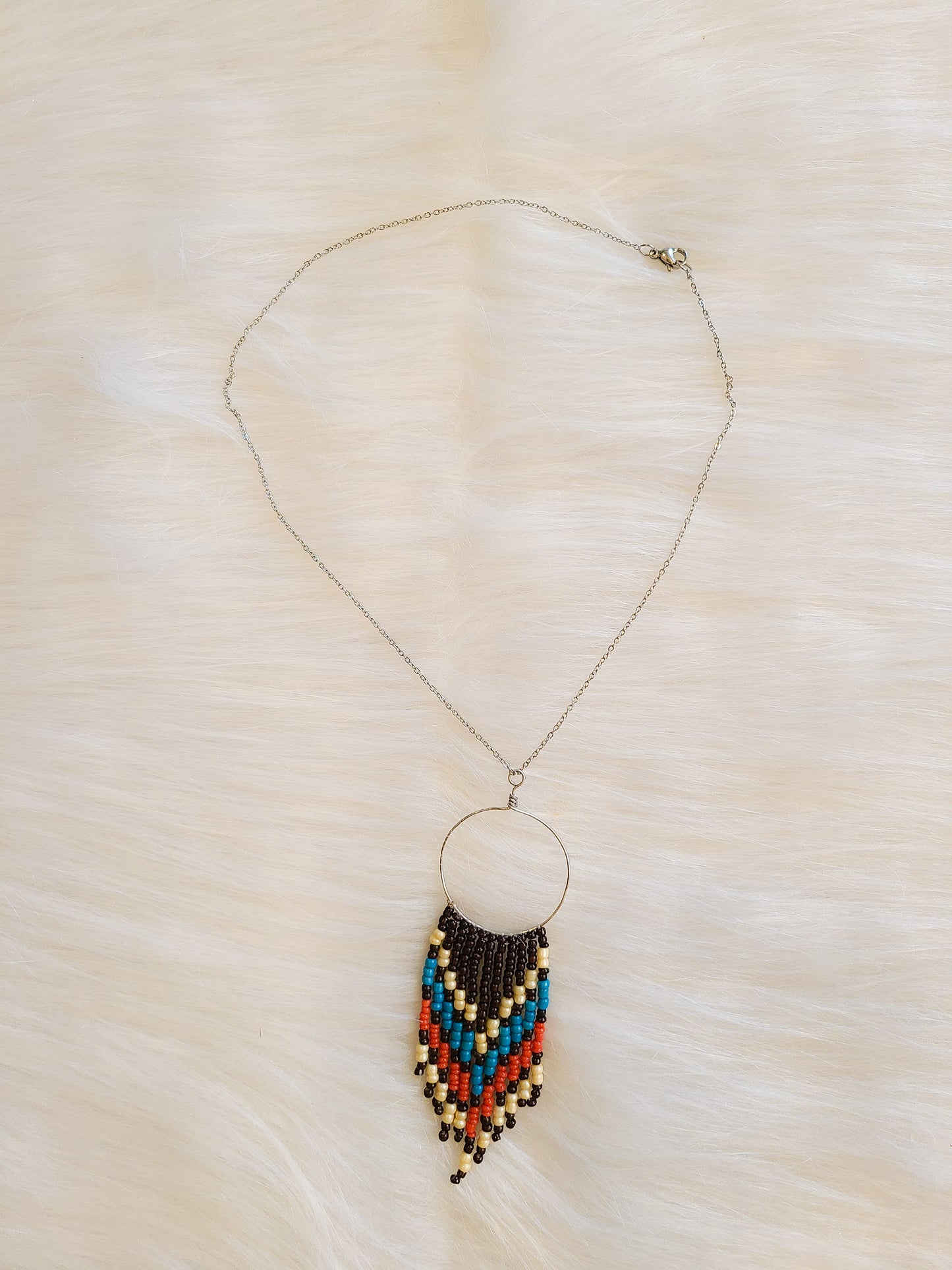 Beaded Fringe Silver Pendant Necklace