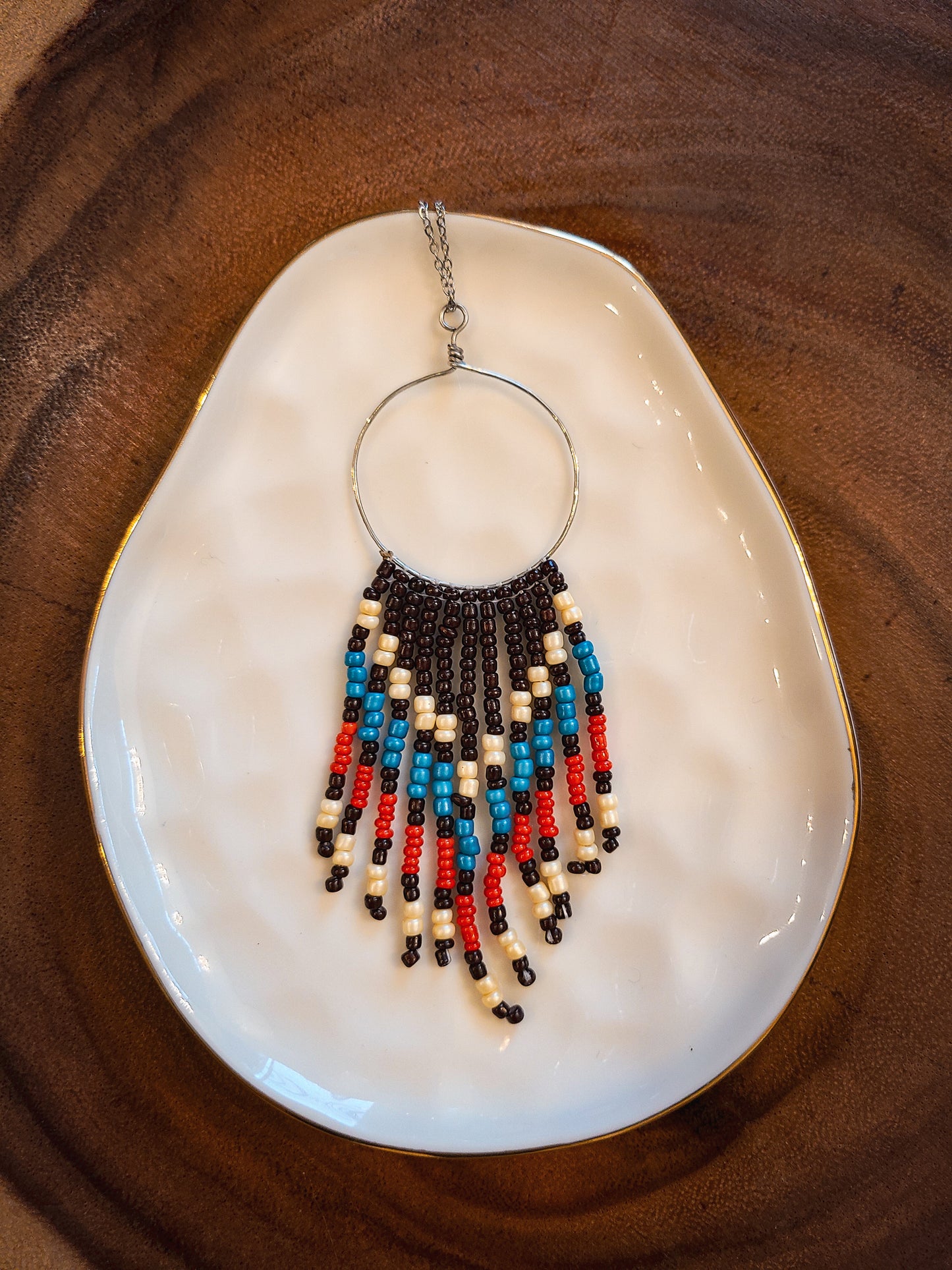 Beaded Fringe Silver Pendant Necklace
