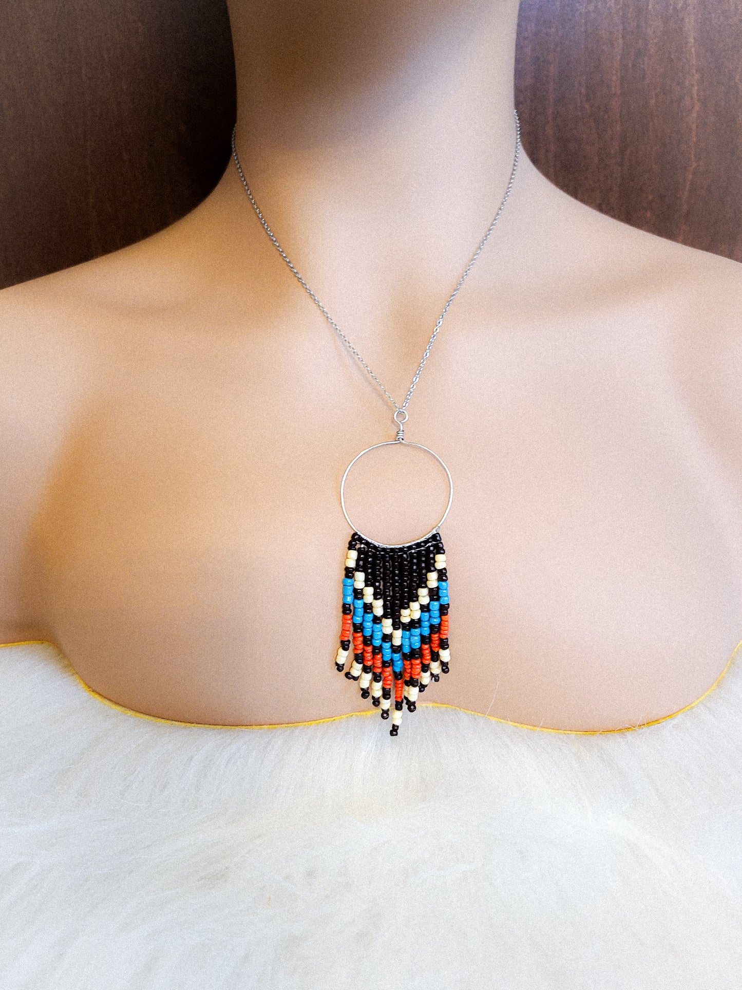 Beaded Fringe Silver Pendant Necklace
