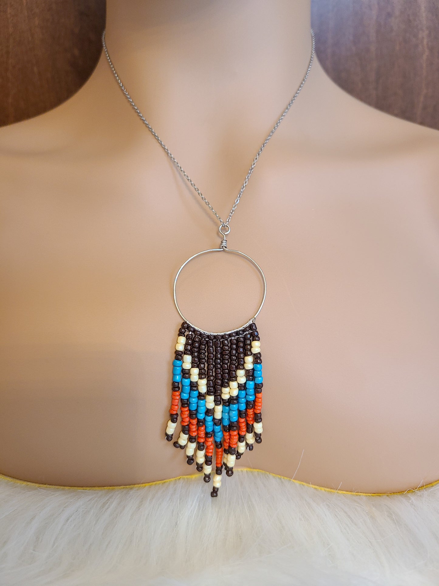 Beaded Fringe Silver Pendant Necklace