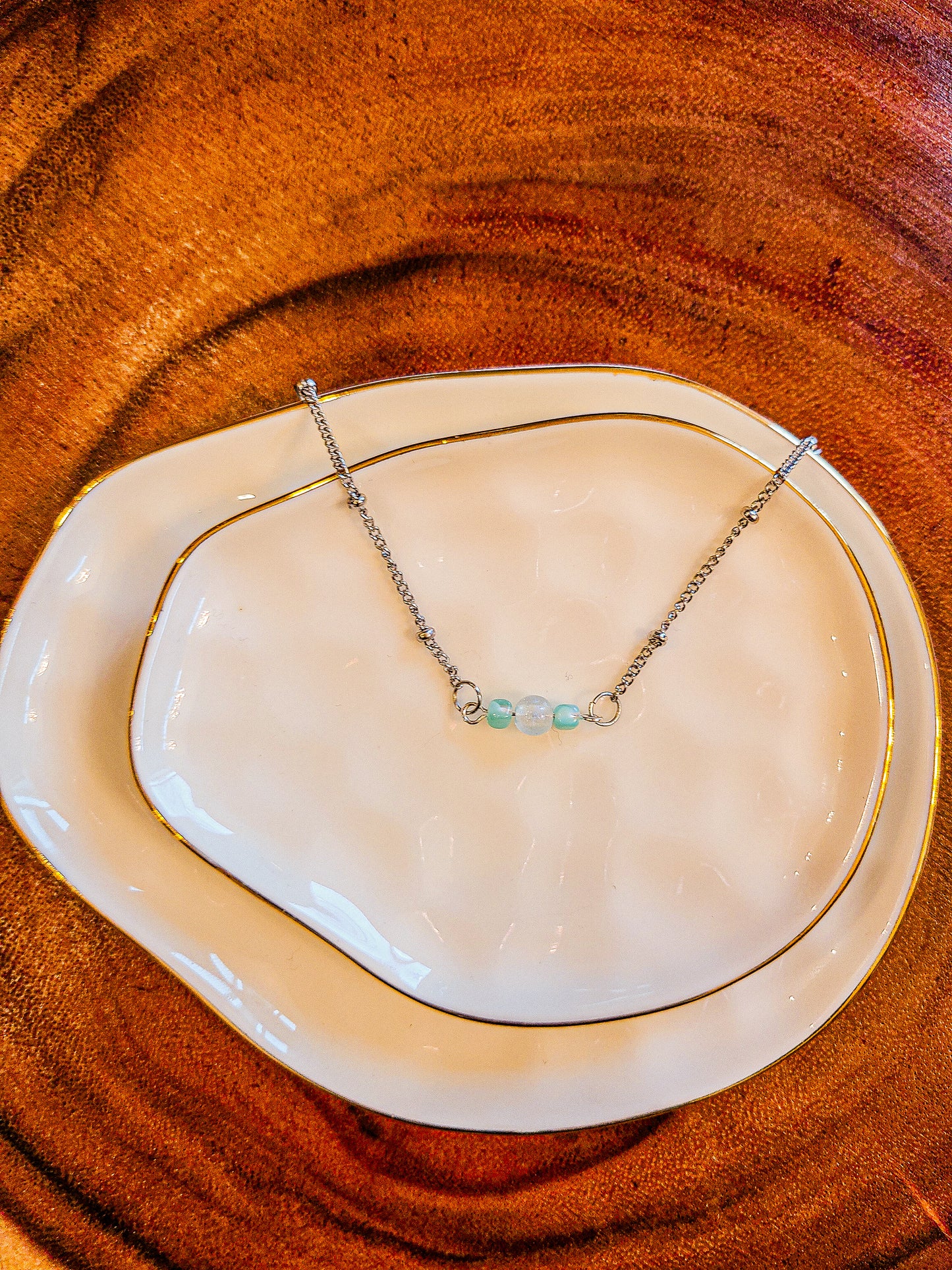 Blue Floating Bead Silver Necklace Set