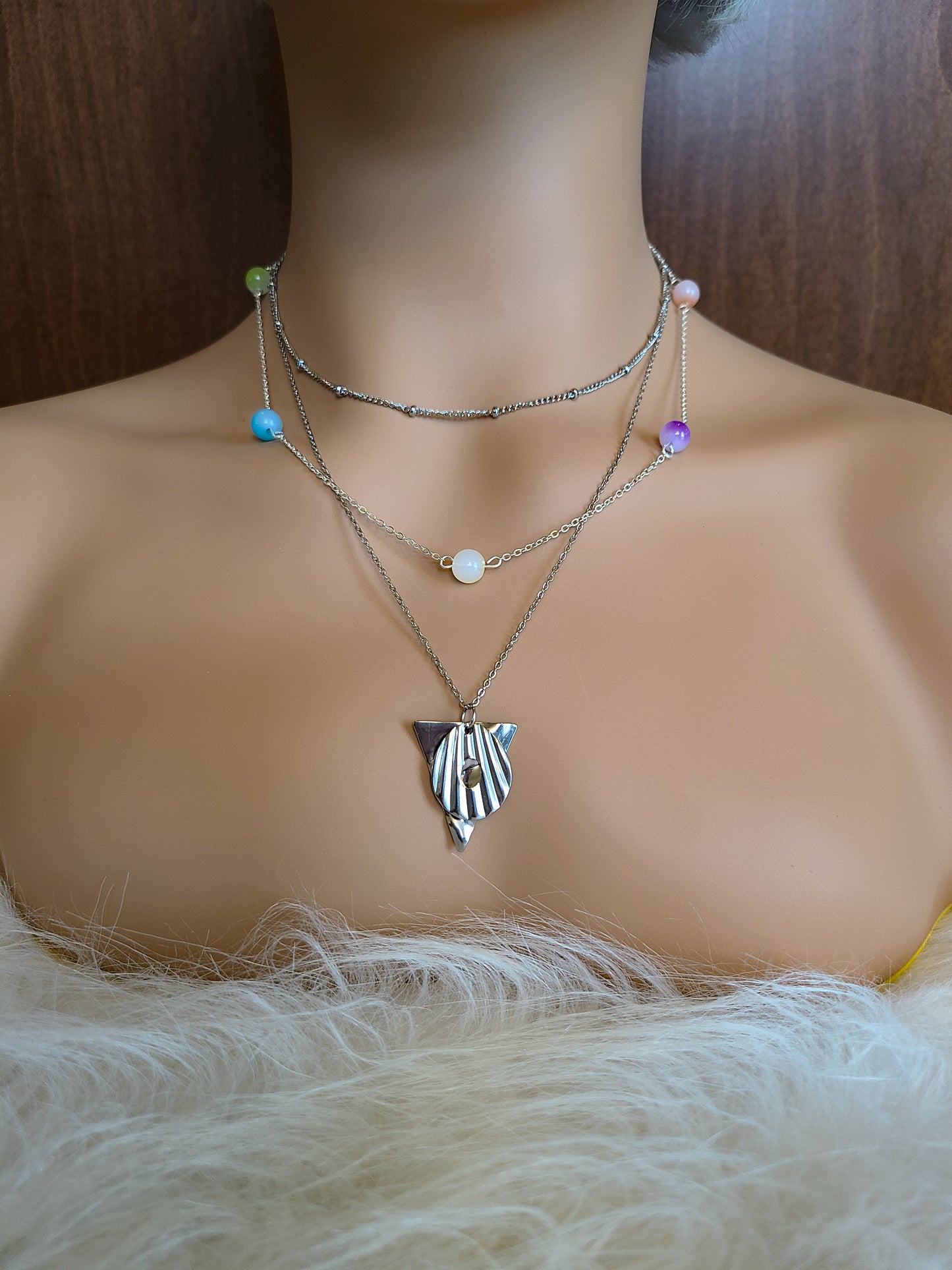 Beaded Rainbow Silver Pendant Necklace Set