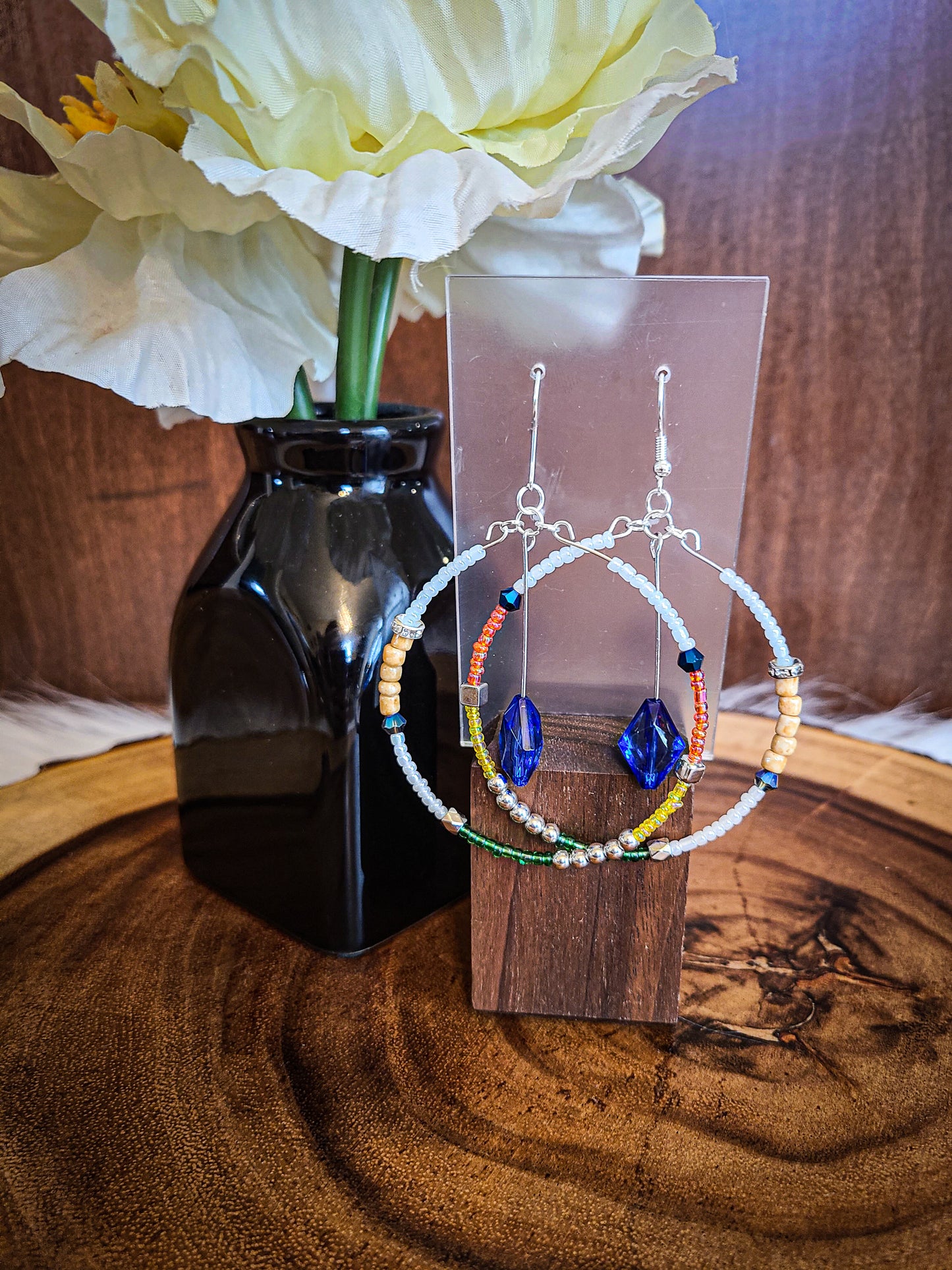 Mixed Media Multicolor Seed Bead Hoop Earrings