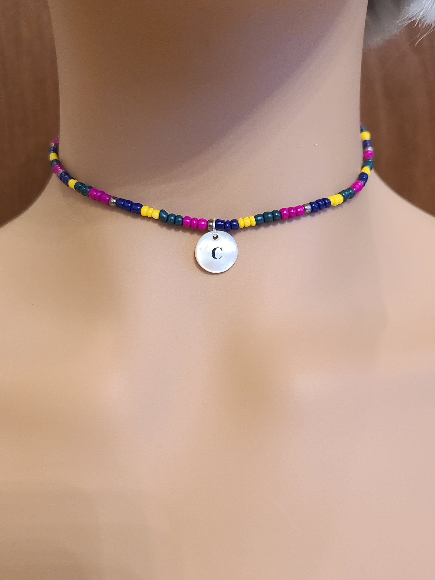 Custom Personalized Jewel Tone Seed Bead Choker Initial Necklace