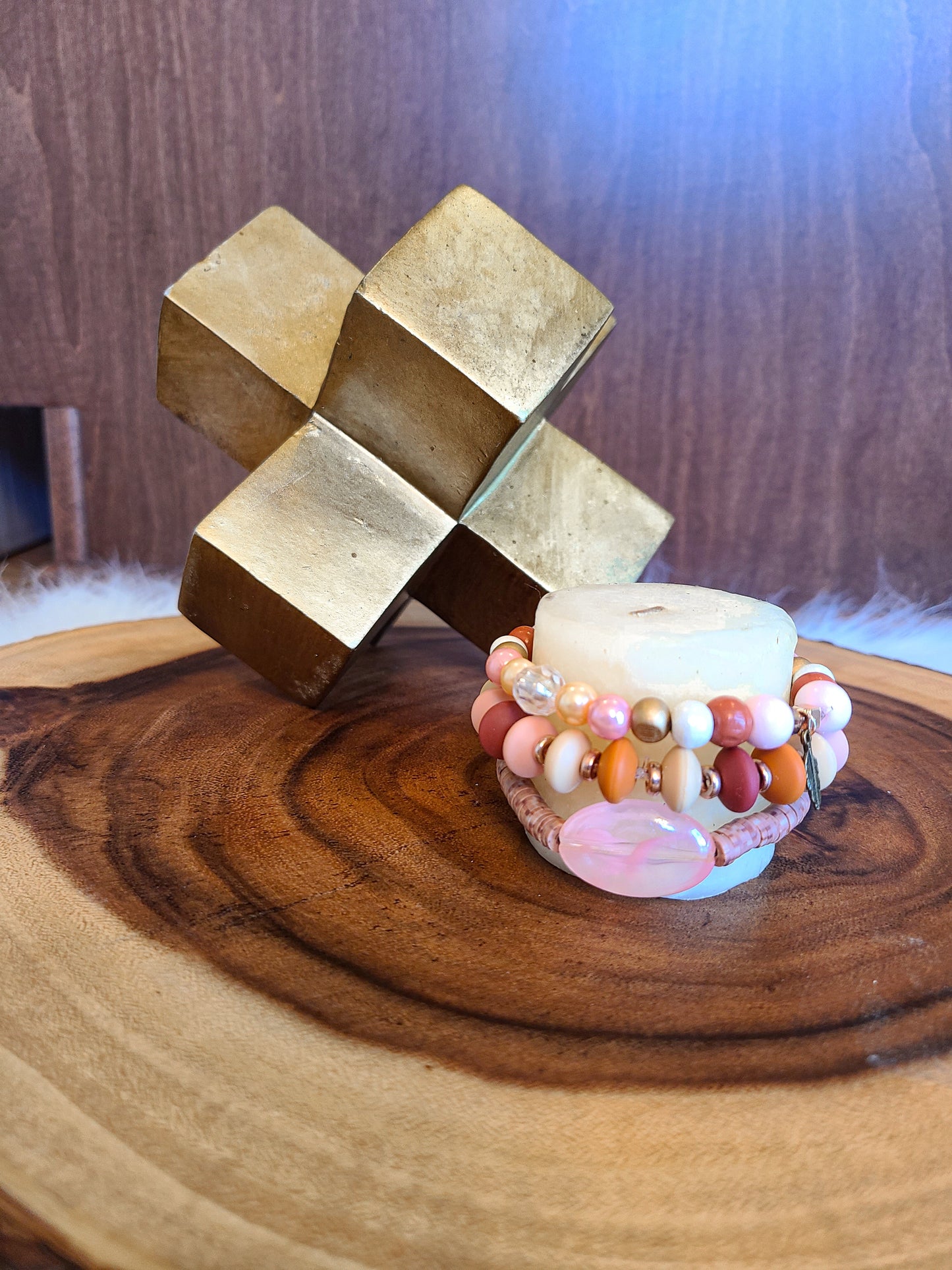 Pink and Copper Beaded Bracelet Set