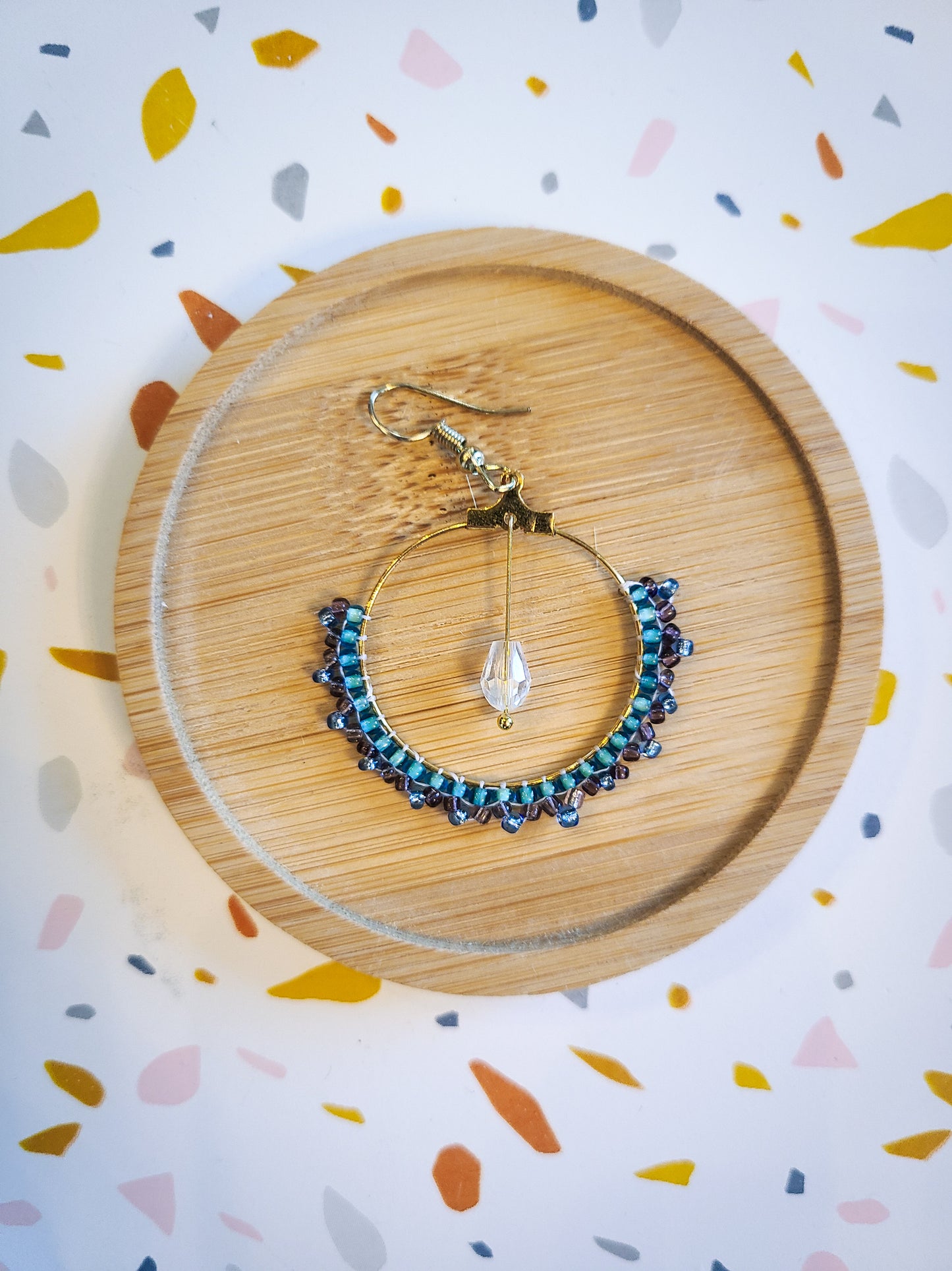 Blue Seed Bead Dangle Hoop Earring