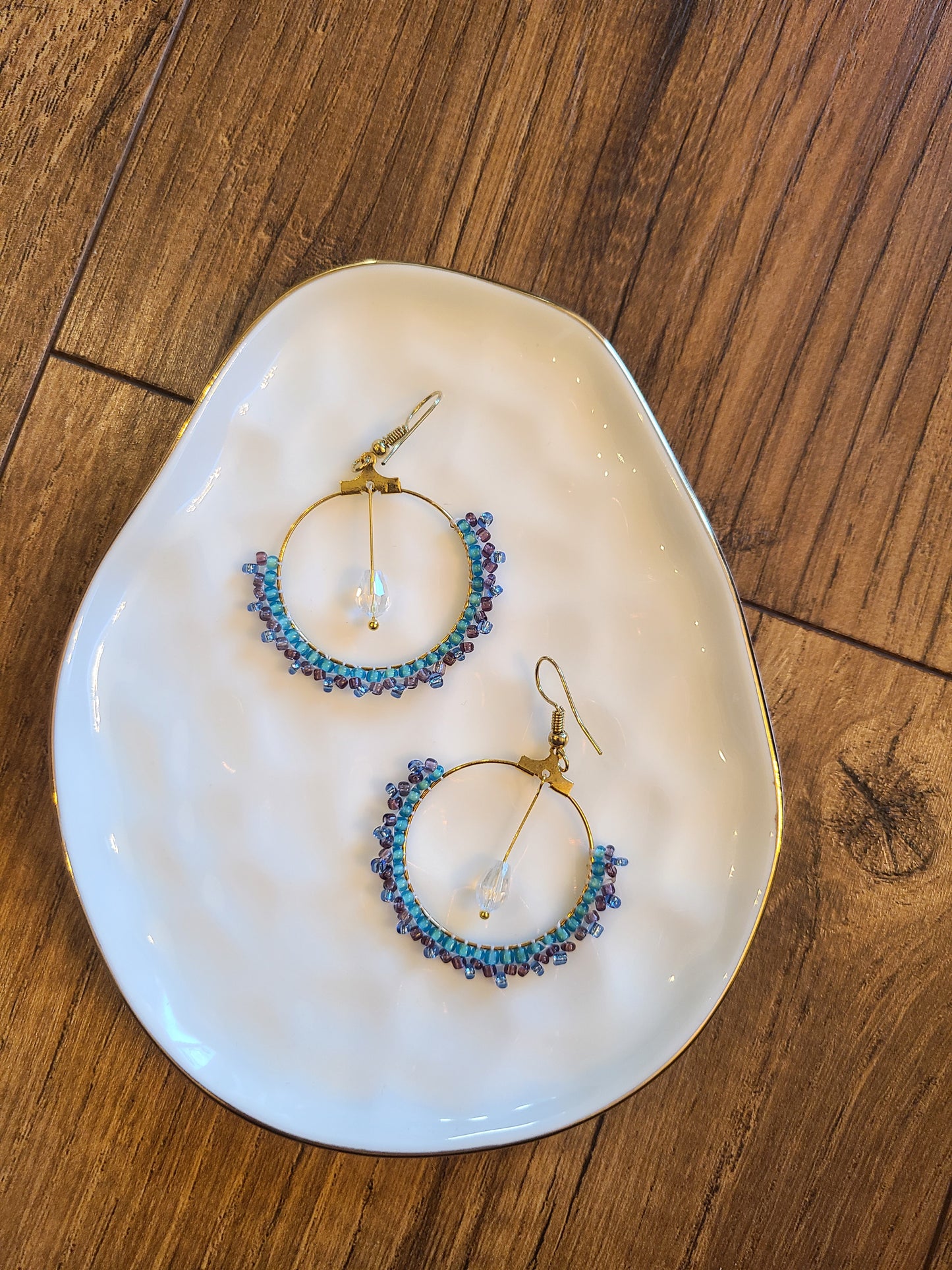 Blue Seed Bead Dangle Hoop Earring