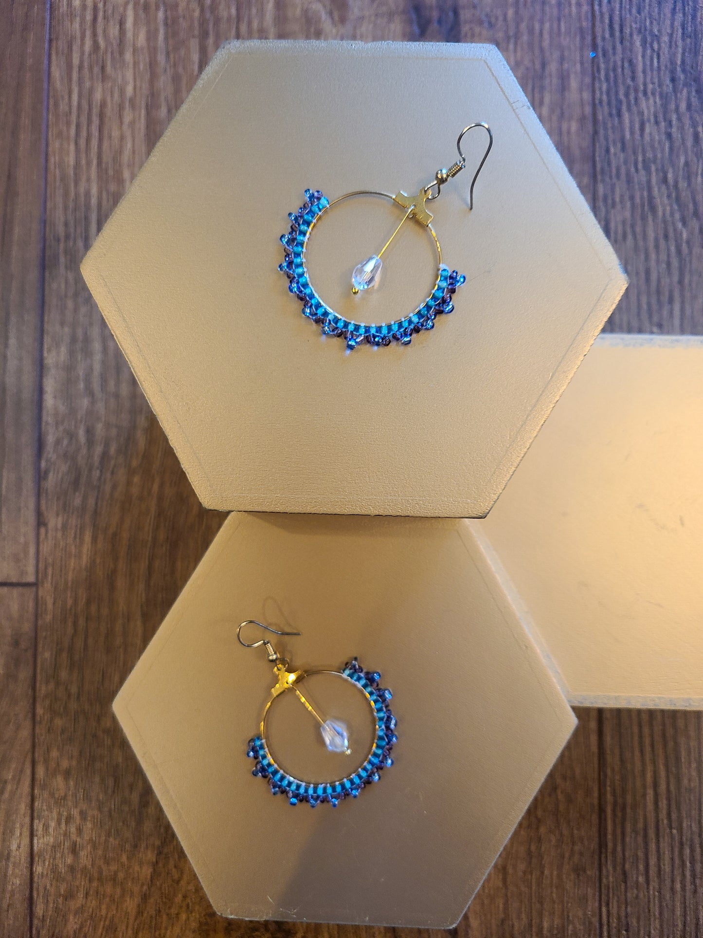 Blue Seed Bead Dangle Hoop Earring