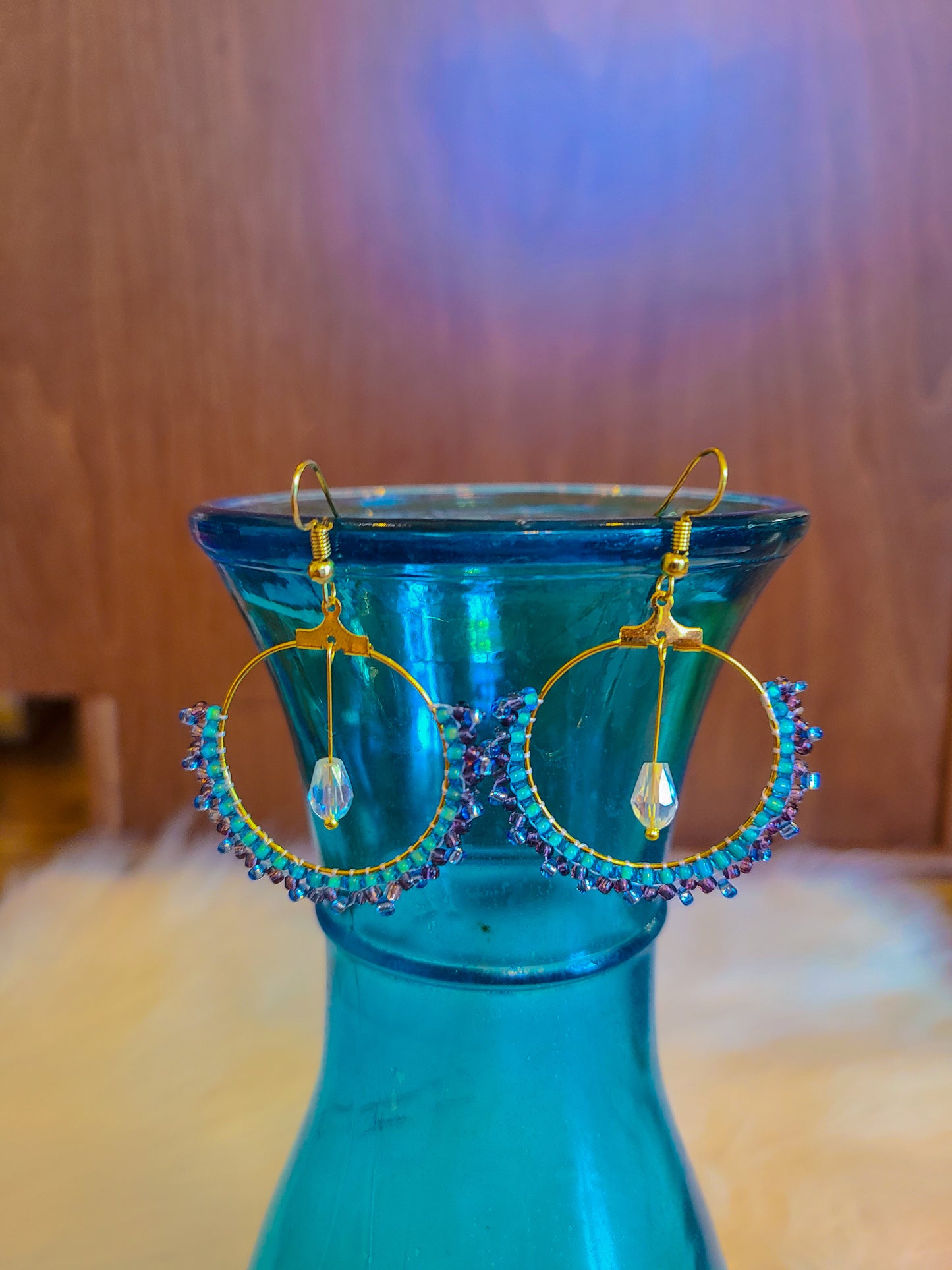 Blue Seed Bead Dangle Hoop Earring