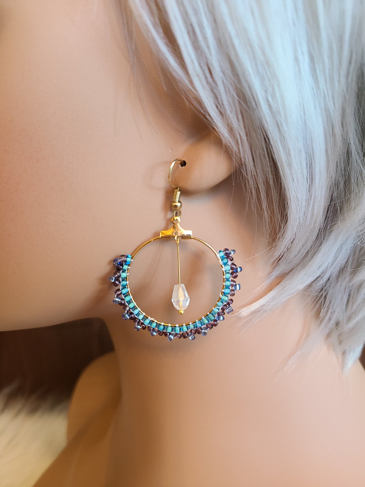 Blue Seed Bead Dangle Hoop Earring