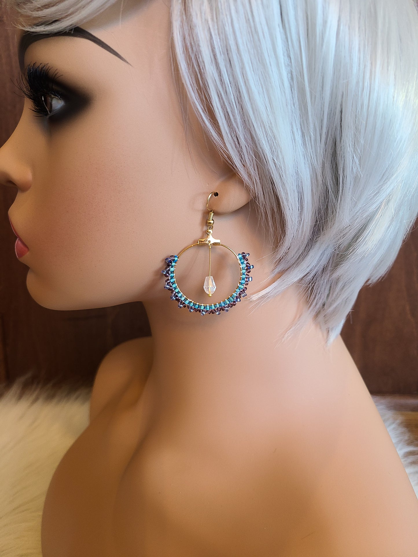 Blue Seed Bead Dangle Hoop Earring