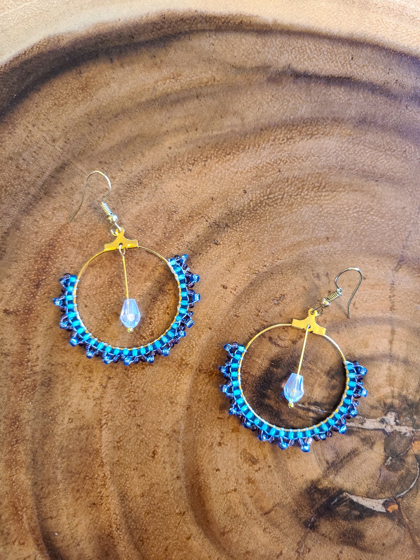 Blue Seed Bead Dangle Hoop Earring