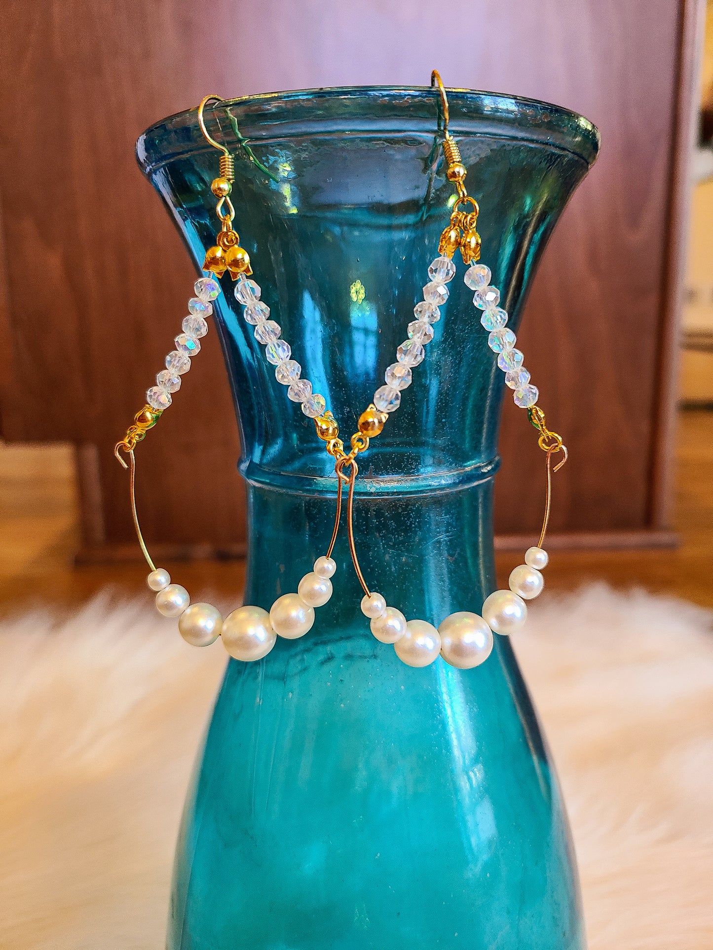 Pearl and Crystal Gold Chandelier Earrings